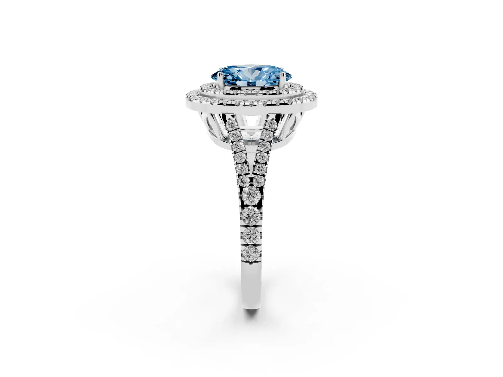 Fancy Blue Oval Cut Diamond Double Halo Ring with Pavé Band and Prong Setting Platinum