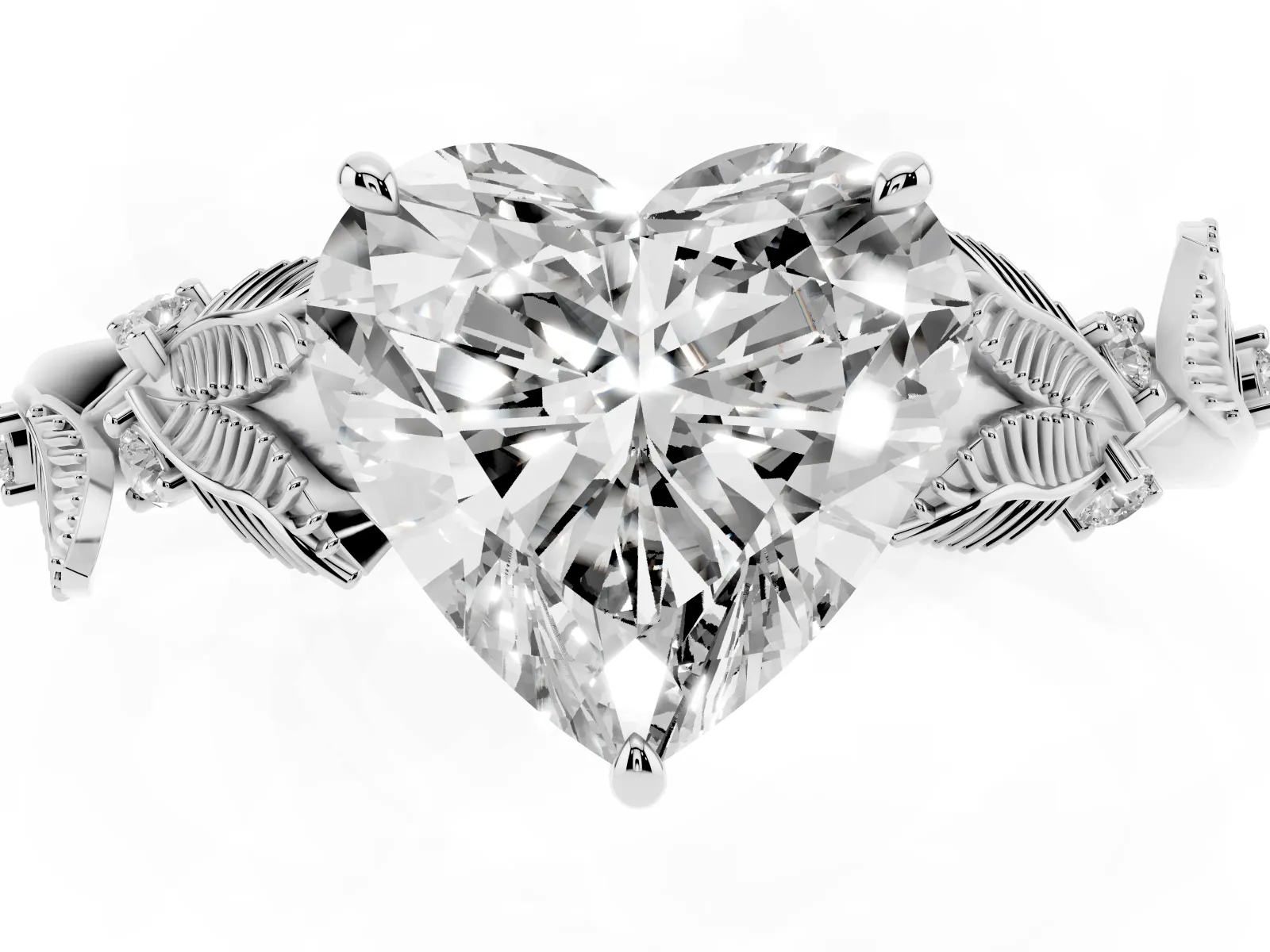Heart Cut Diamond Solitaire Ring with Leaf Motif Band and Four-Prong Setting Platinum