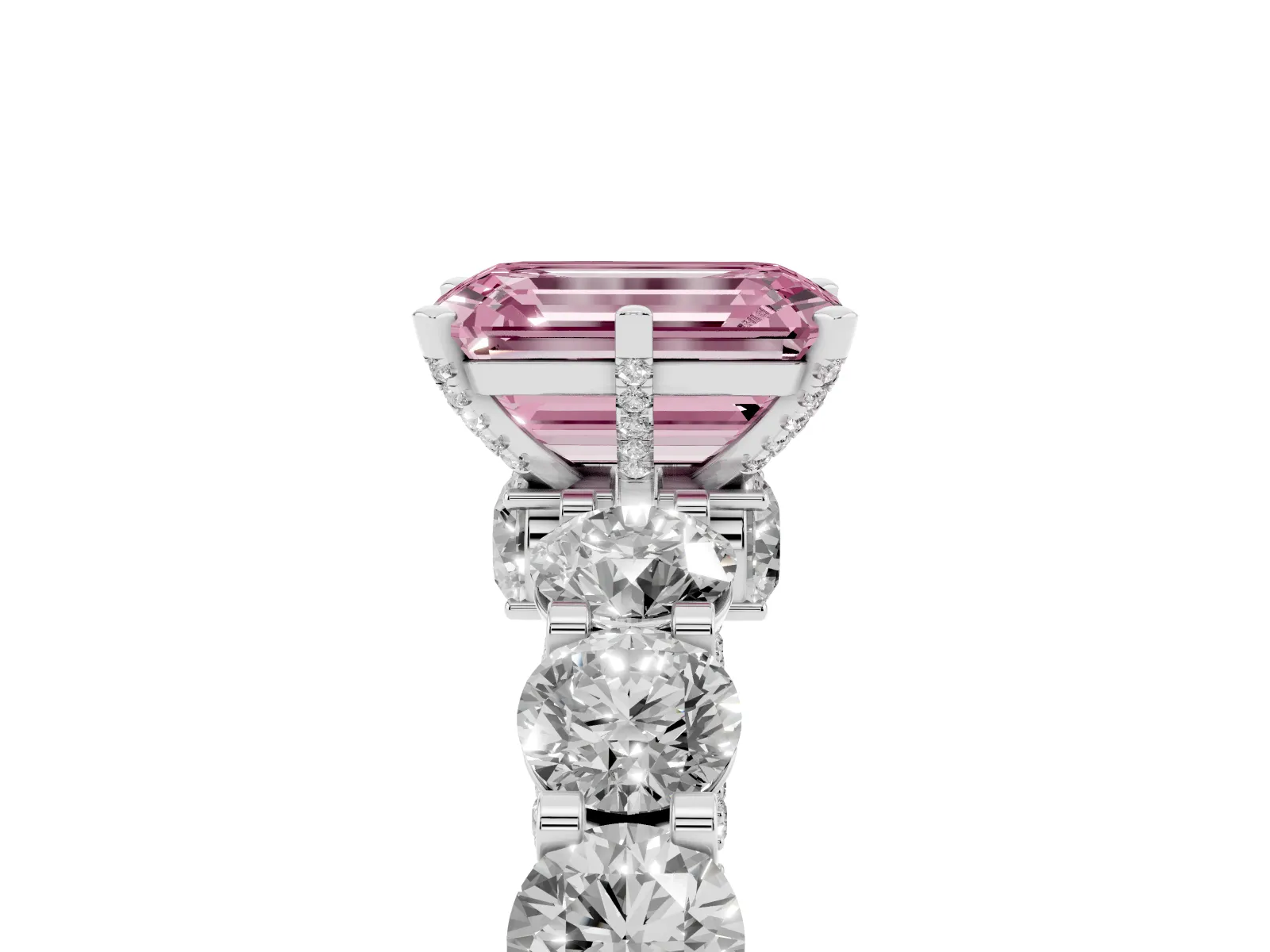 Fancy Pink Emerald Cut Diamond Side Stone Engagement Ring with Four-Prong Setting Platinum