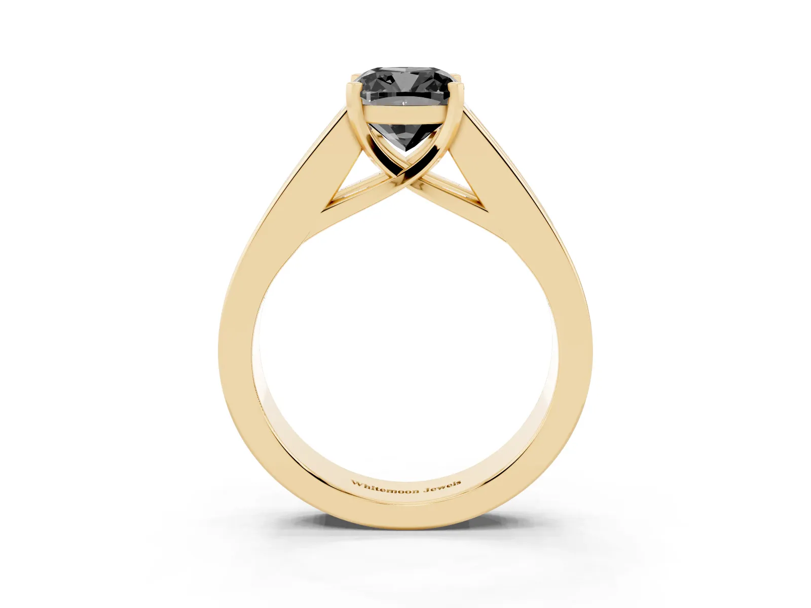 Fancy Black Cushion Cut Cut Channel Set Solitaire Ring with Four-Prong Setting Yellow gold