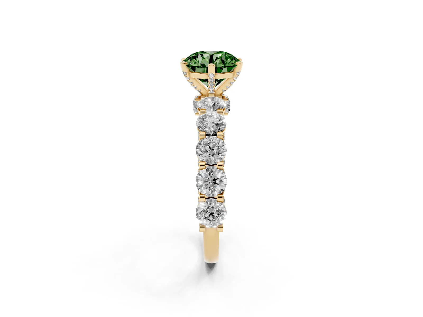 Fancy Green Round Cut Diamond Side Stone Engagement Ring with Four-Prong Setting Yellow gold