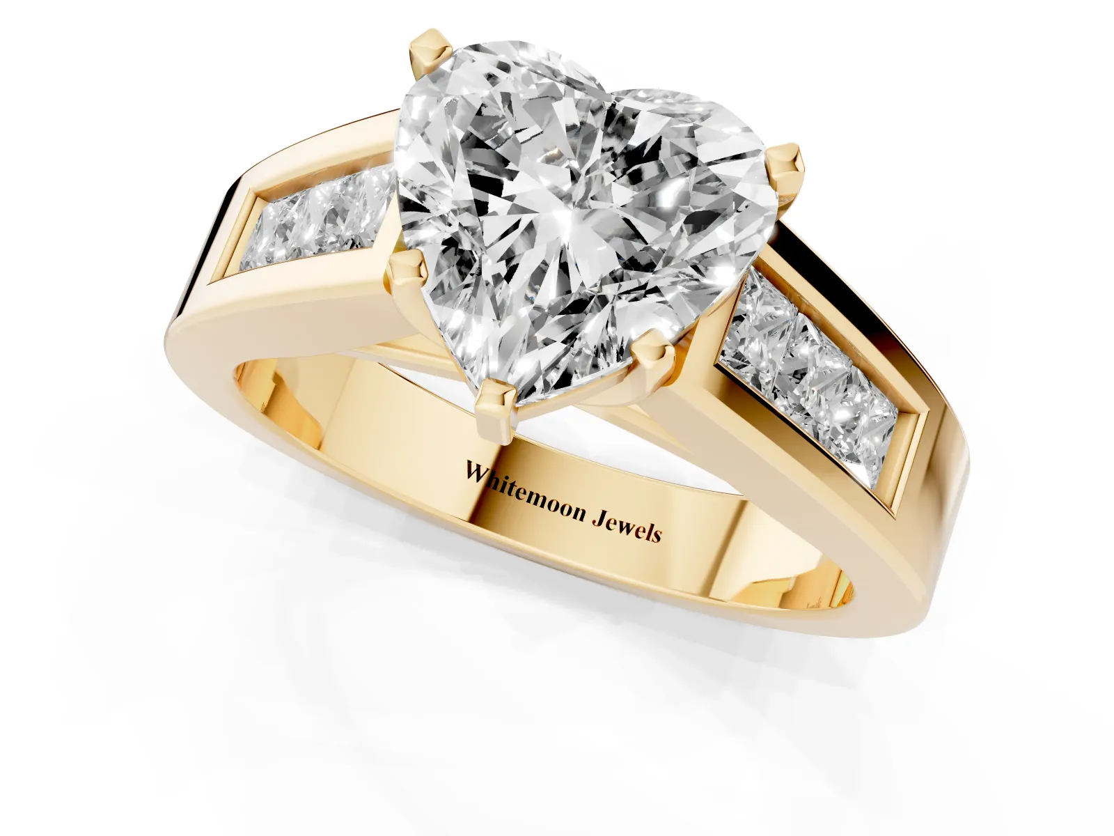 Heart Cut Cut Channel Set Solitaire Ring with Four-Prong Setting Yellow gold