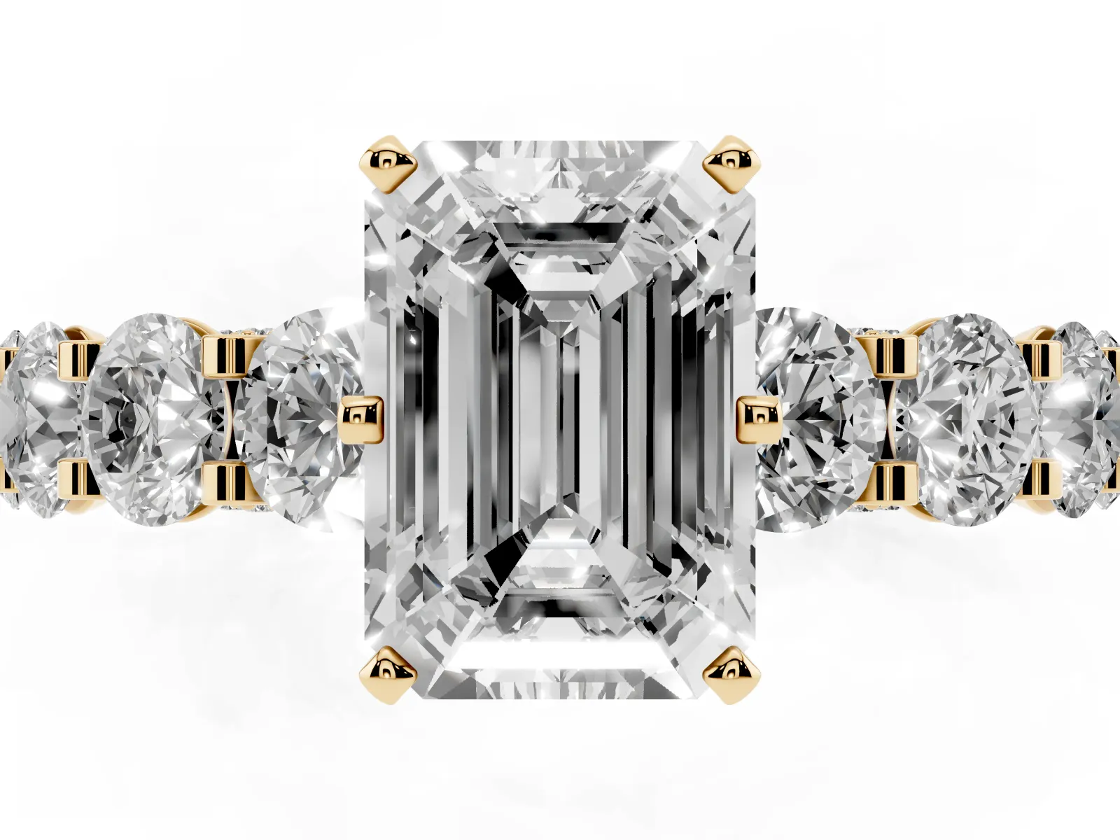 Emerald Cut Diamond Side Stone Engagement Ring with Four-Prong Setting Yellow gold