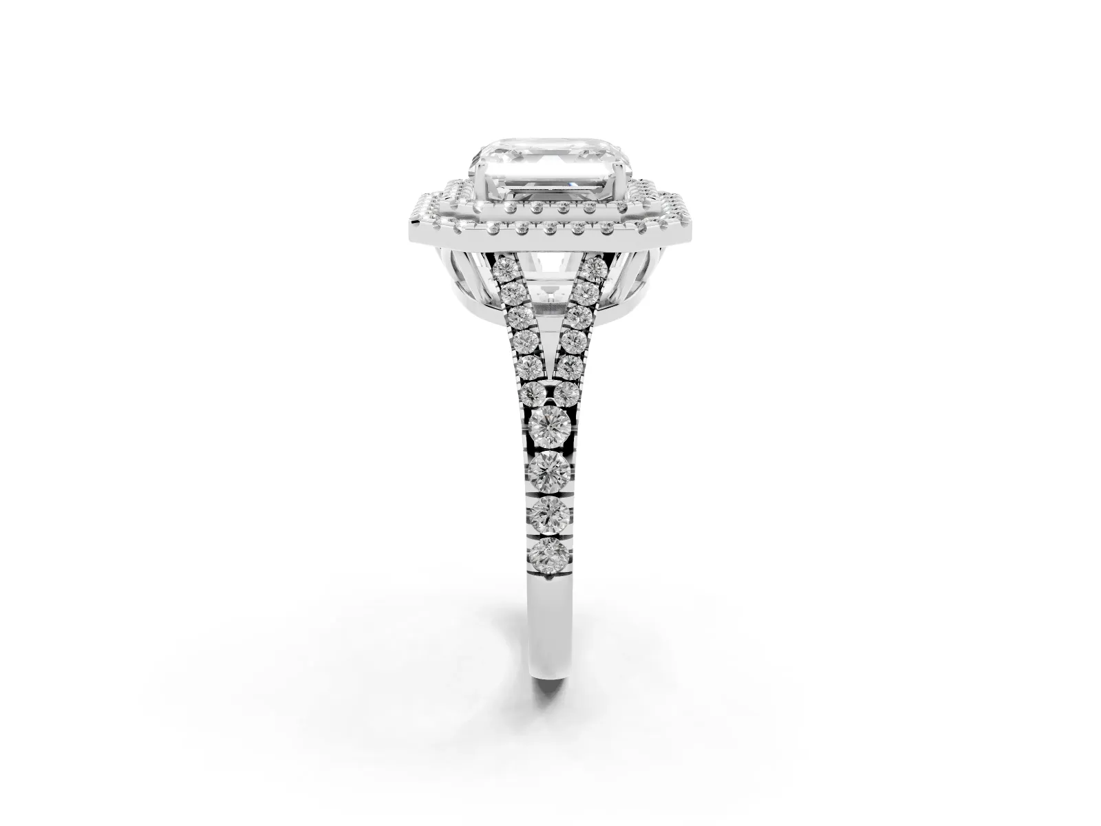 Asscher Cut Diamond Double Halo Ring with Pavé Band and Prong Setting Platinum