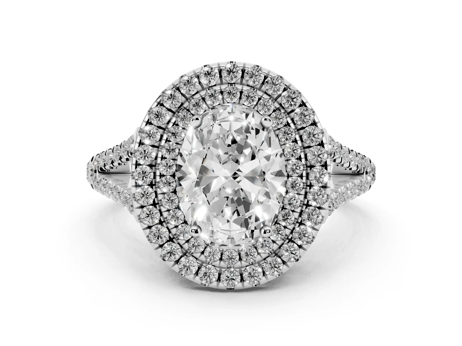 Oval Cut Diamond Double Halo Ring with Pavé Band and Prong Setting Platinum