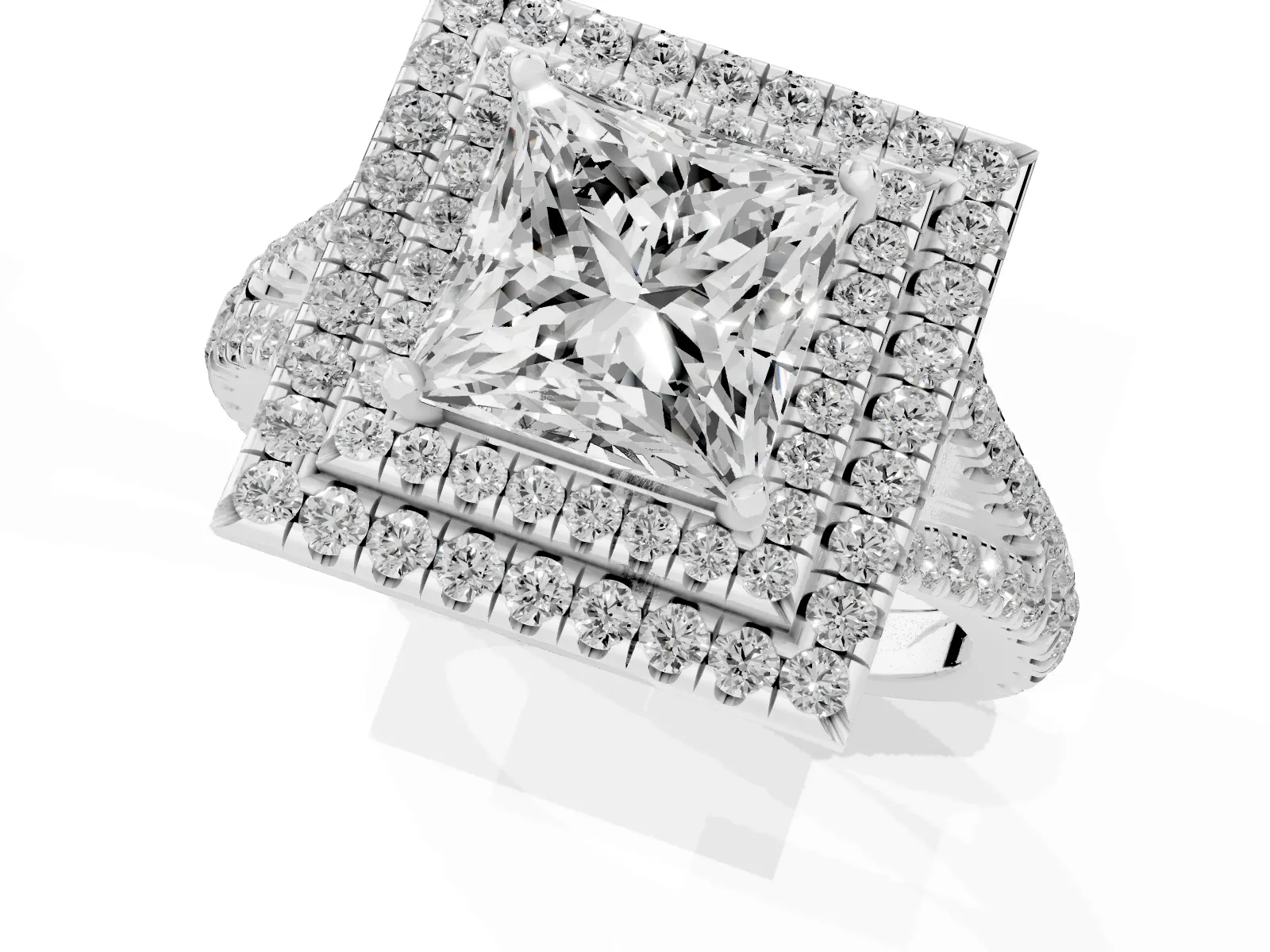 Princess Cut Diamond Double Halo Ring with Pavé Band and Prong Setting Platinum