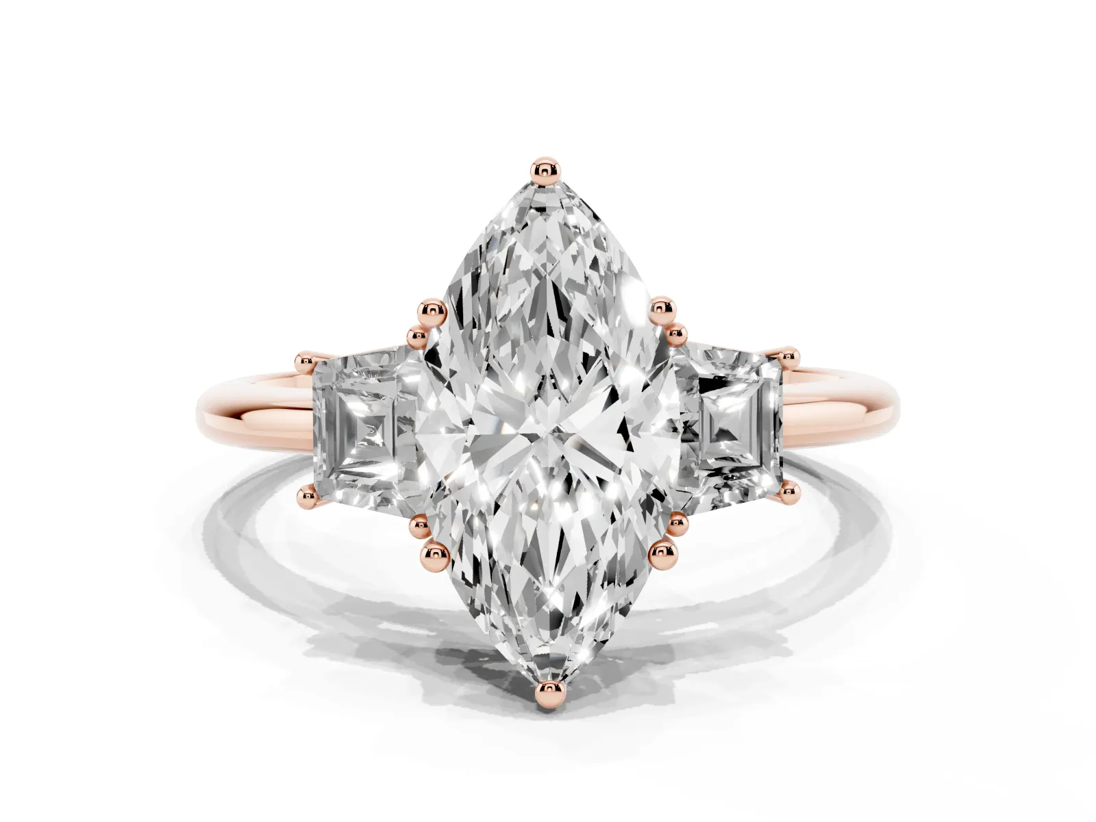 Marquise Cut Diamond Three-Stone Ring with Trapezoid Side Stones and Prong Setting Rose gold