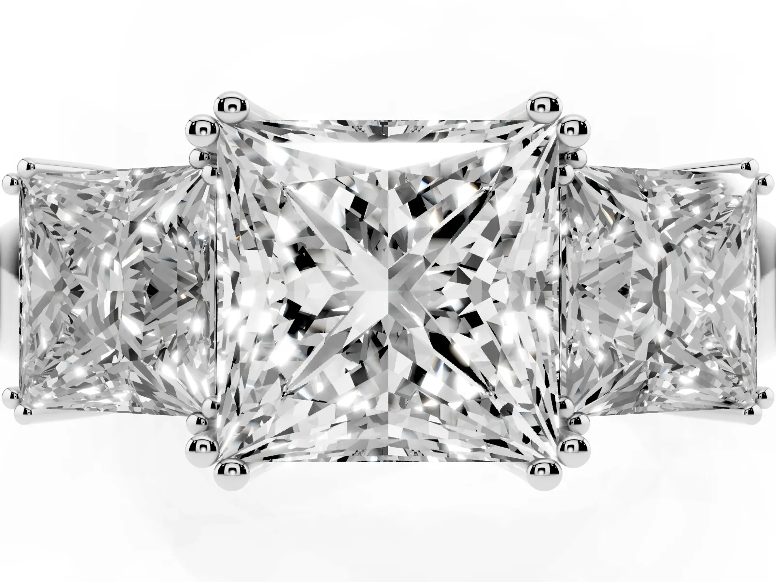 Three-Stone Princess Cut Cut Diamond Ring with Channel Set Band and Four-Prong Setting Platinum