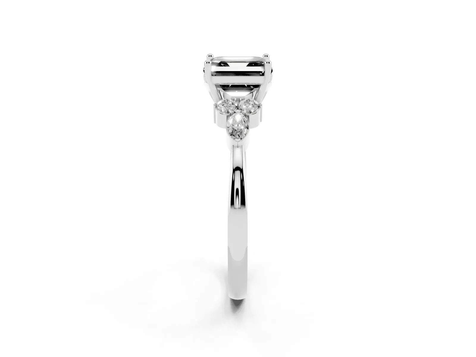 Fancy Black Asscher Cut Brilliant Diamond Solitaire Ring with Pear Side Stones and Four-Prong Setting Platinum