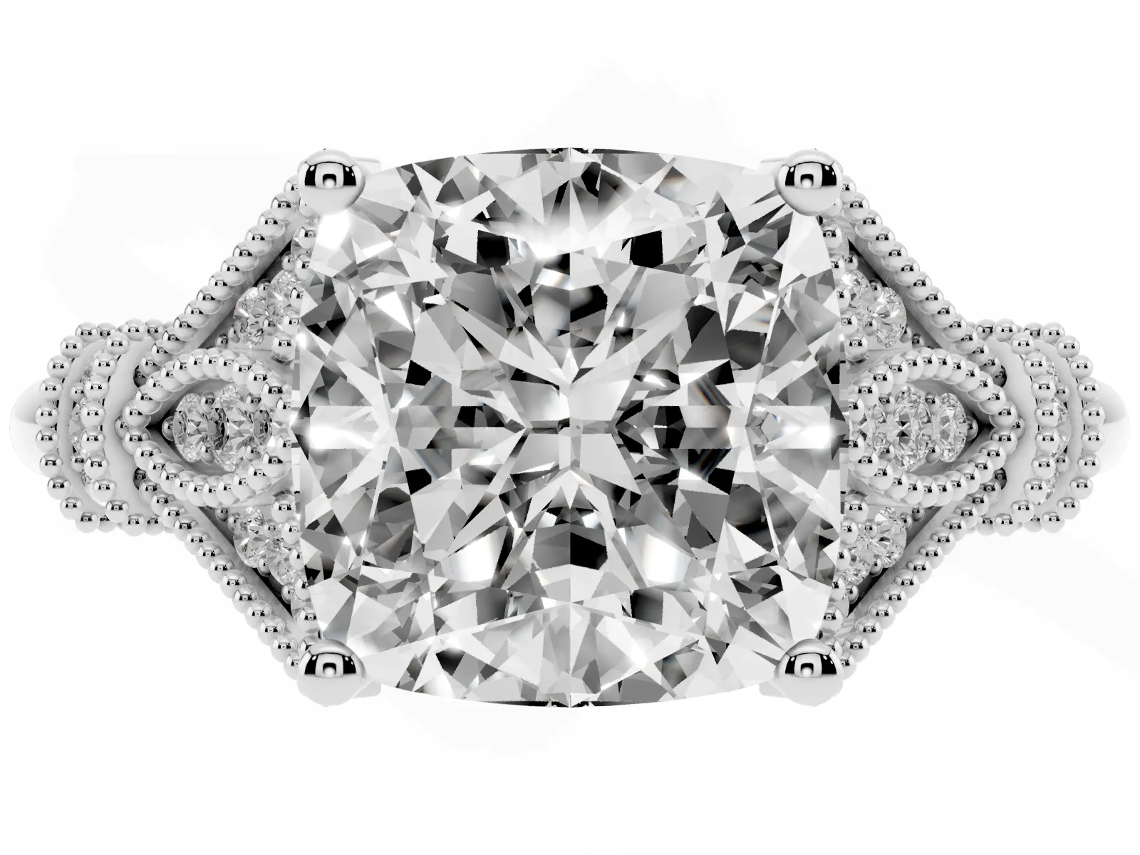 Cushion Cut Diamond Solitaire Ring with Floral Filigree and Pave Accents White gold