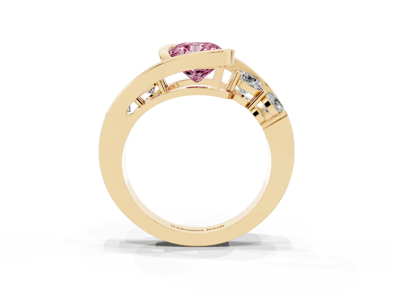 Fancy Pink Bezel Set Cushion Cut Diamond Bypass Ring with Round Accents Yellow gold