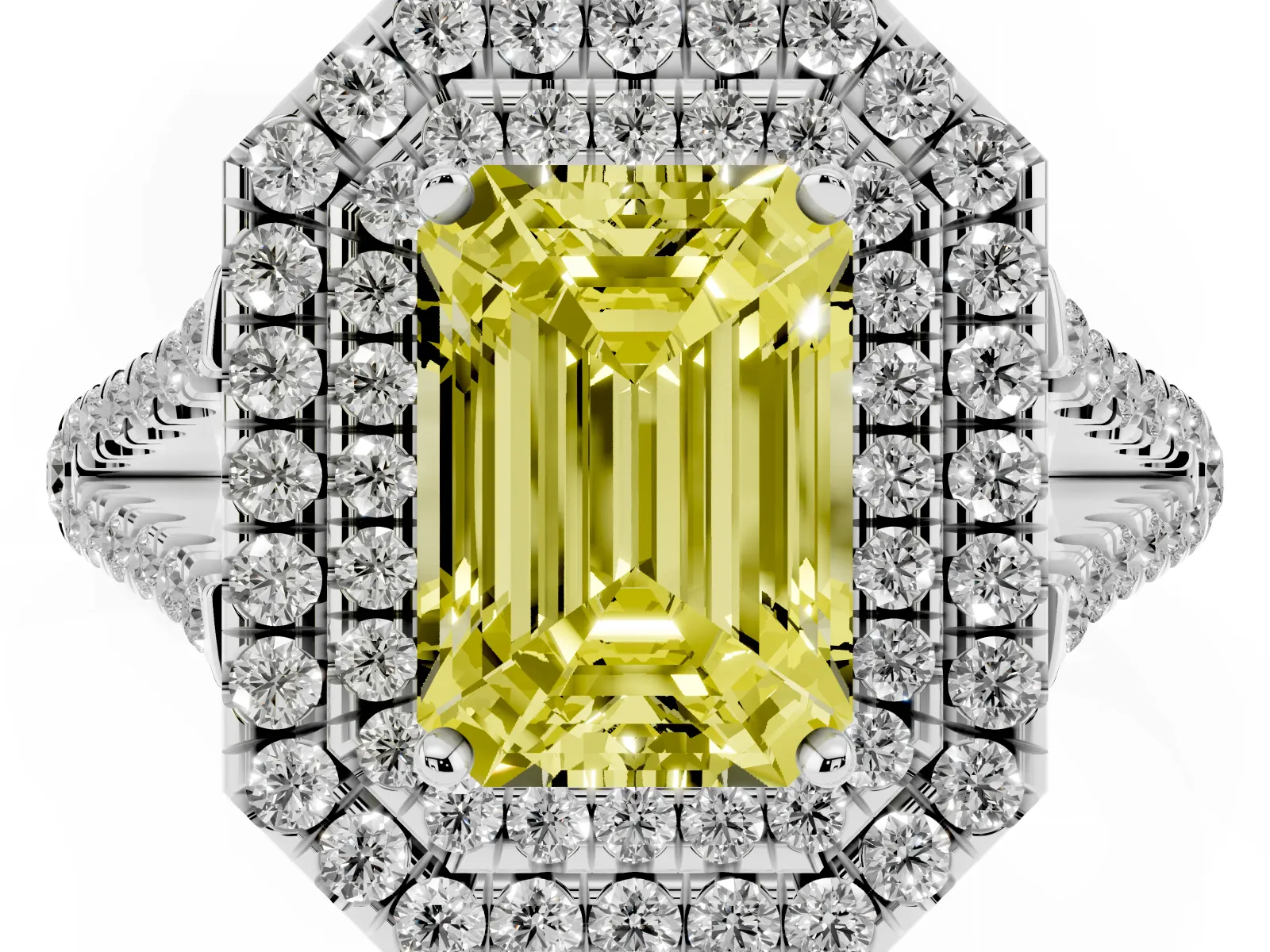 Fancy Yellow Emerald Cut Diamond Double Halo Ring with Pavé Band and Prong Setting Platinum