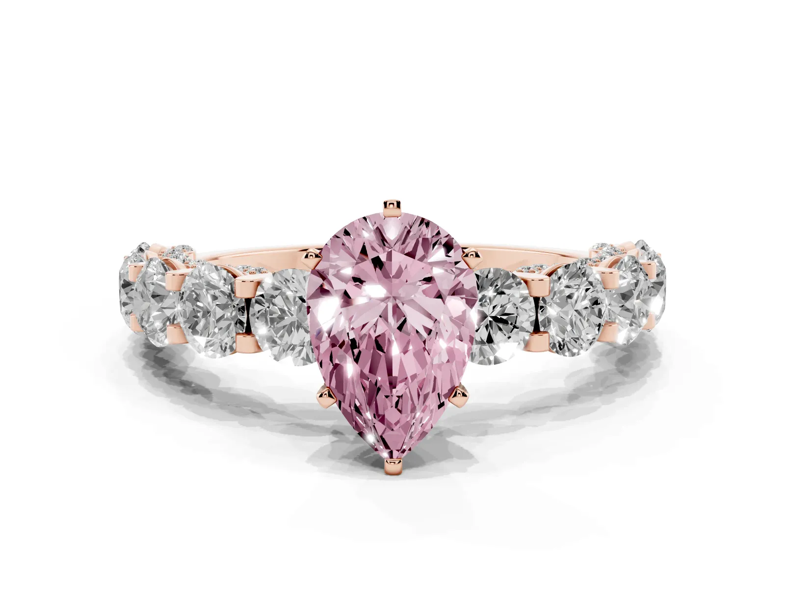 Fancy Pink Pear Cut Diamond Side Stone Engagement Ring with Four-Prong Setting Rose gold