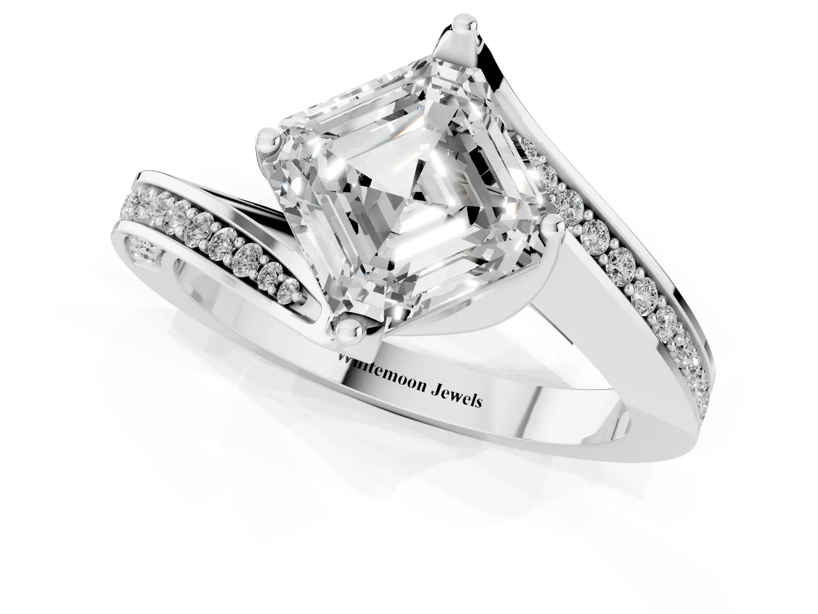 Asscher Cut Solitaire Diamond Twist Band with Pavé Setting and Four-Prong Setting Platinum