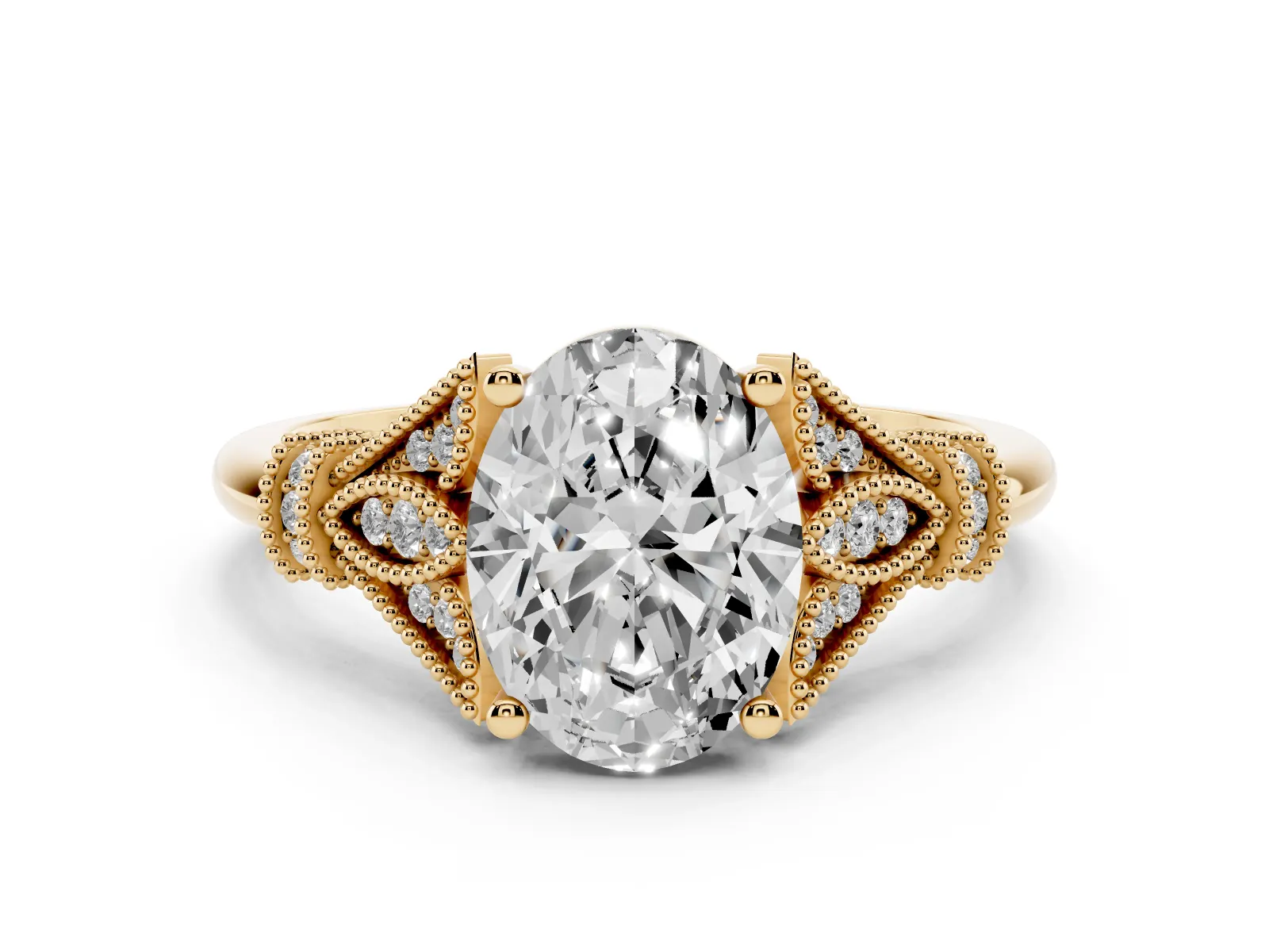 Oval Cut Diamond Solitaire Ring with Floral Filigree and Pave Accents Yellow gold