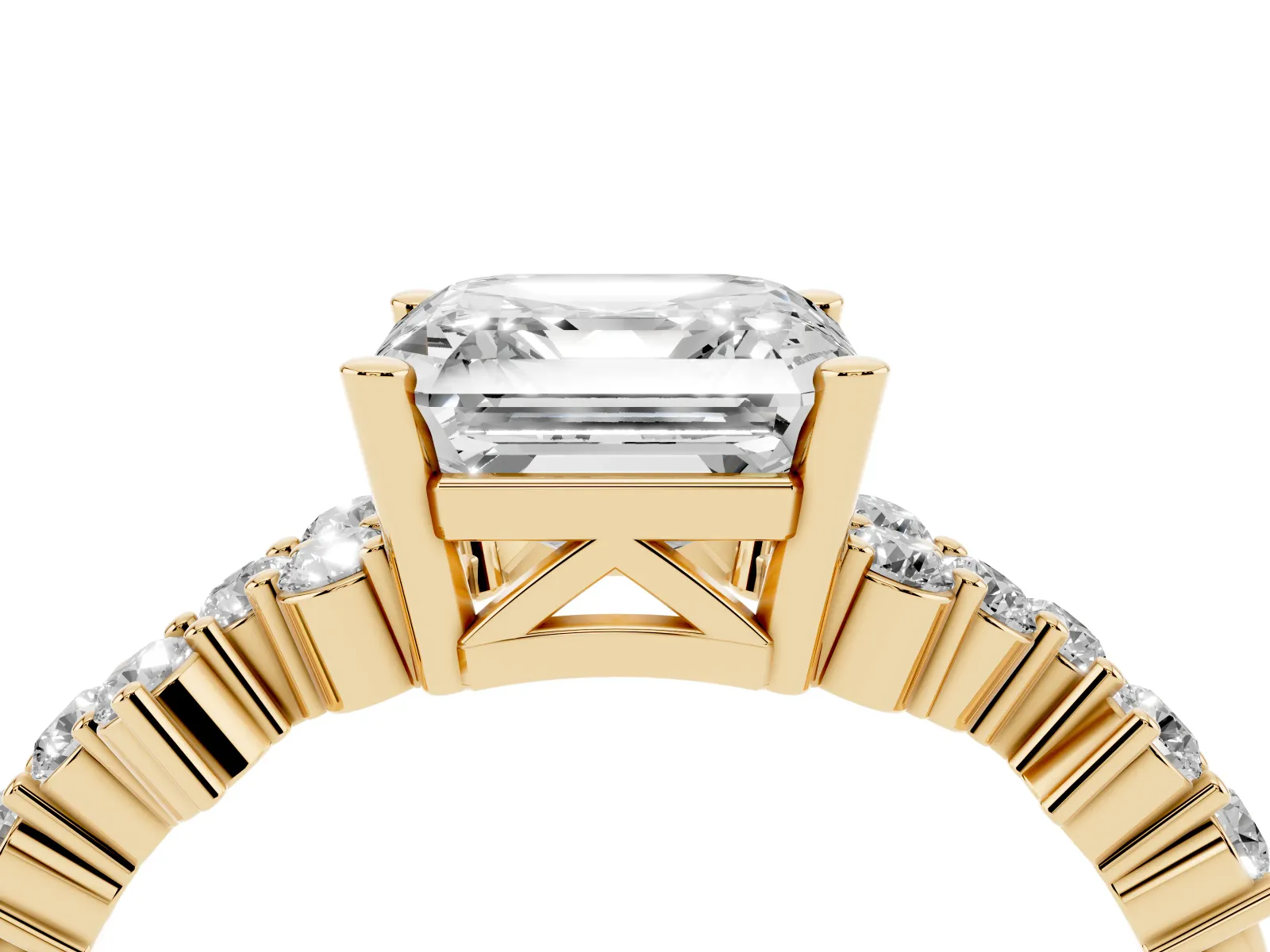 Asscher Cut Diamond Scattered Round Accent Ring with Prong Setting Yellow gold