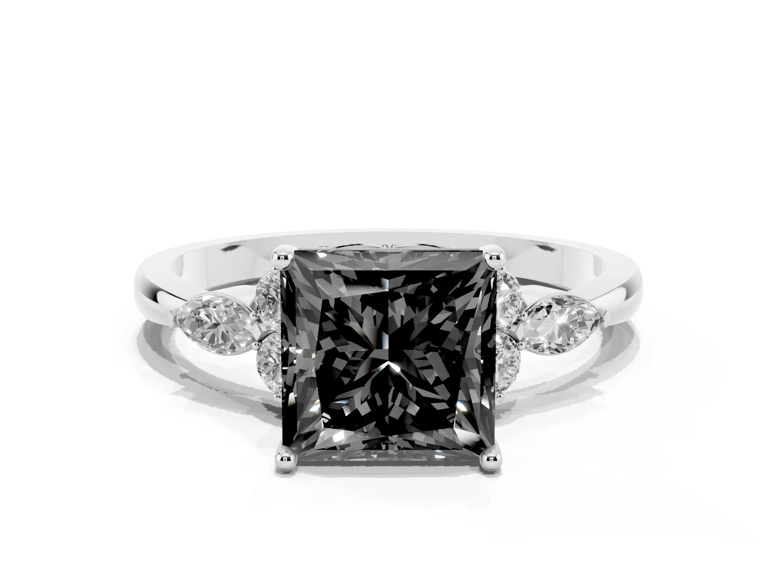 Fancy Black Princess Cut Brilliant Diamond Solitaire Ring with Pear Side Stones and Four-Prong Setting Platinum