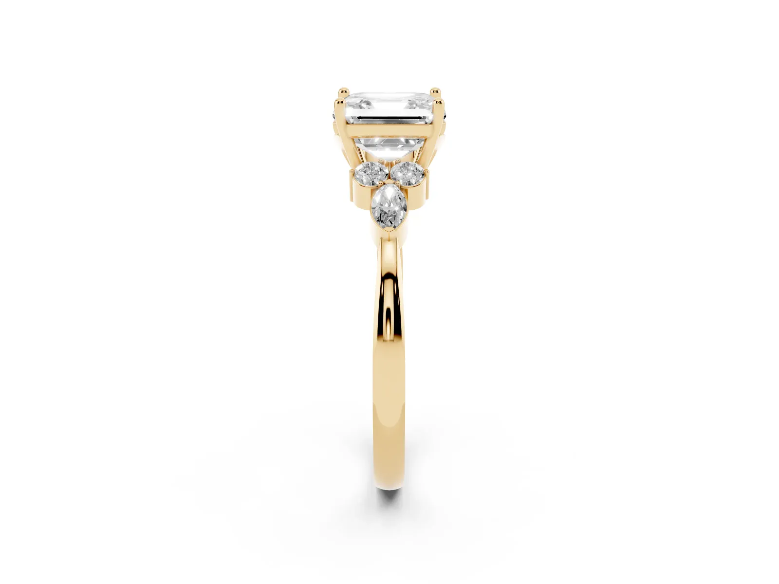 Asscher Cut Brilliant Diamond Solitaire Ring with Pear Side Stones and Four-Prong Setting Yellow gold