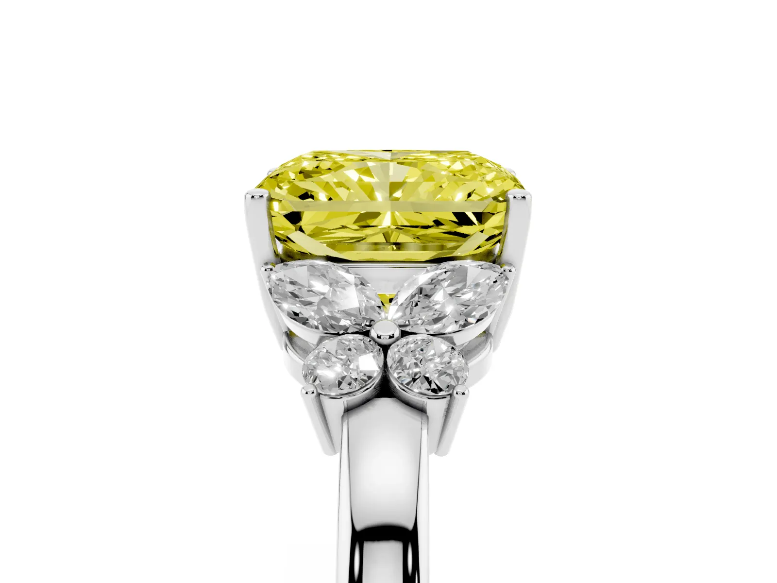 Fancy Yellow Radiant Cut Cut Solitaire Floral Diamond Ring with Four-Prong Setting Platinum