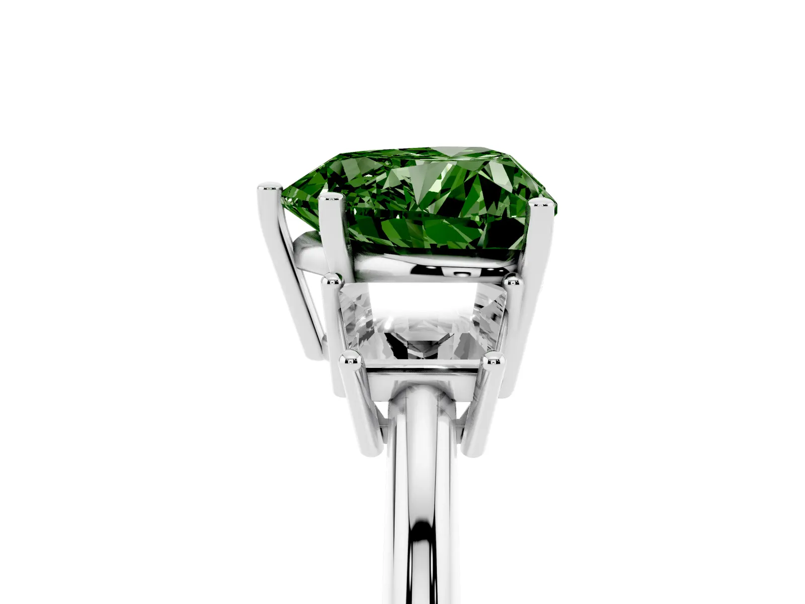 Fancy Green Heart Cut Diamond Three-Stone Ring with Trapezoid Side Stones and Prong Setting White gold