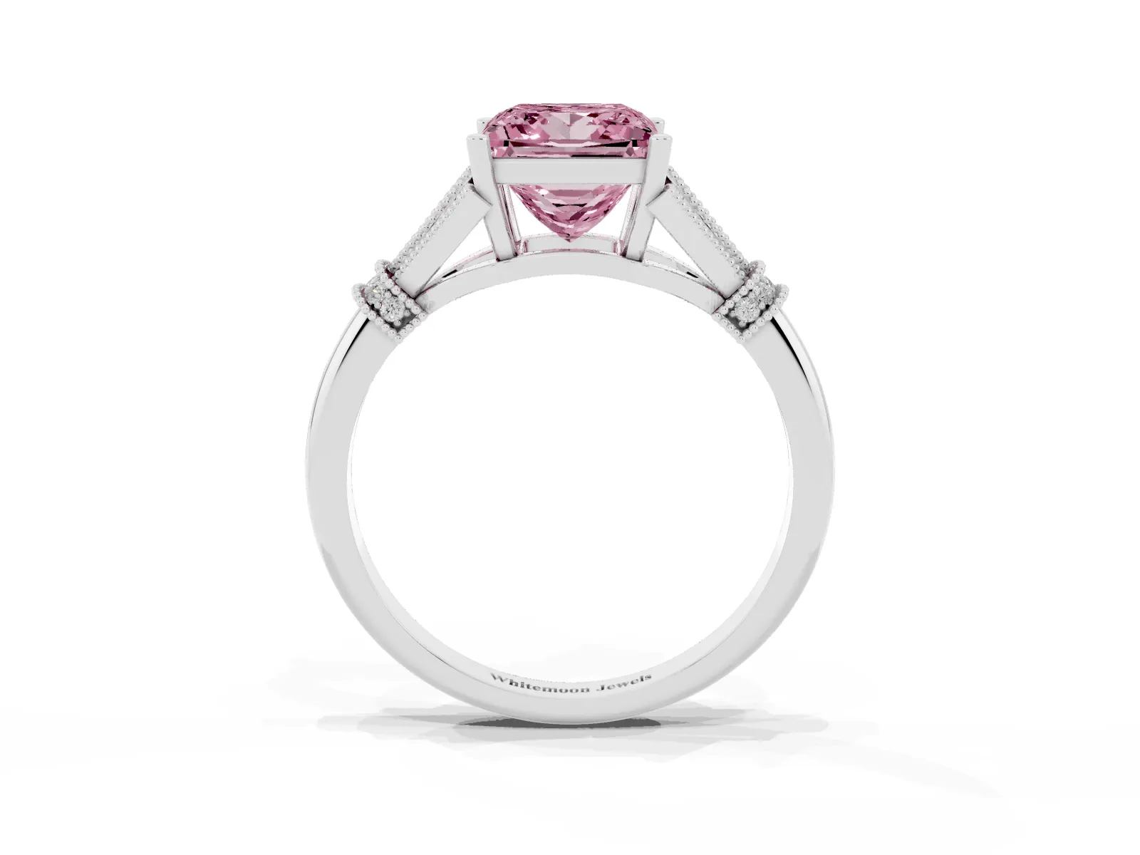 Fancy Pink Princess Cut Diamond Solitaire Ring with Floral Filigree and Pave Accents Platinum