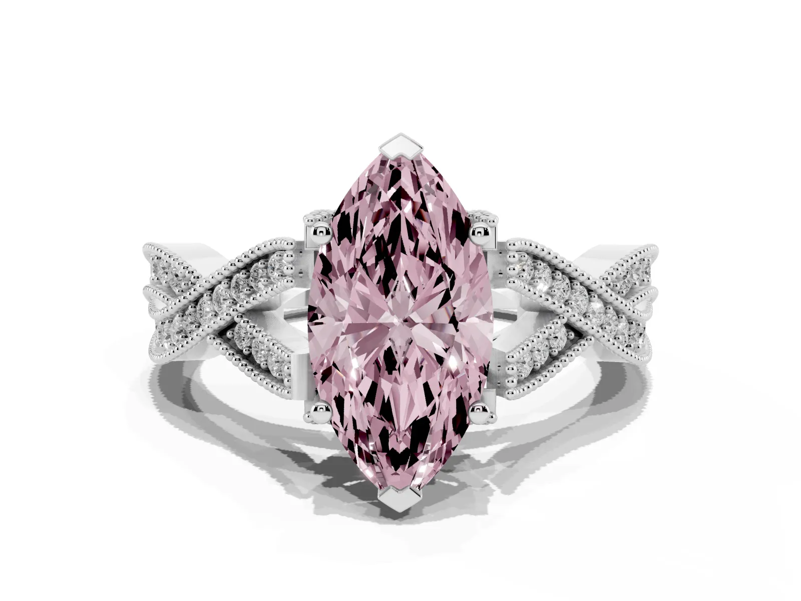 Fancy Pink Marquise Cut Cut Diamond Twisted Band with Milgrain Pave Setting and Four-Prong Setting Platinum