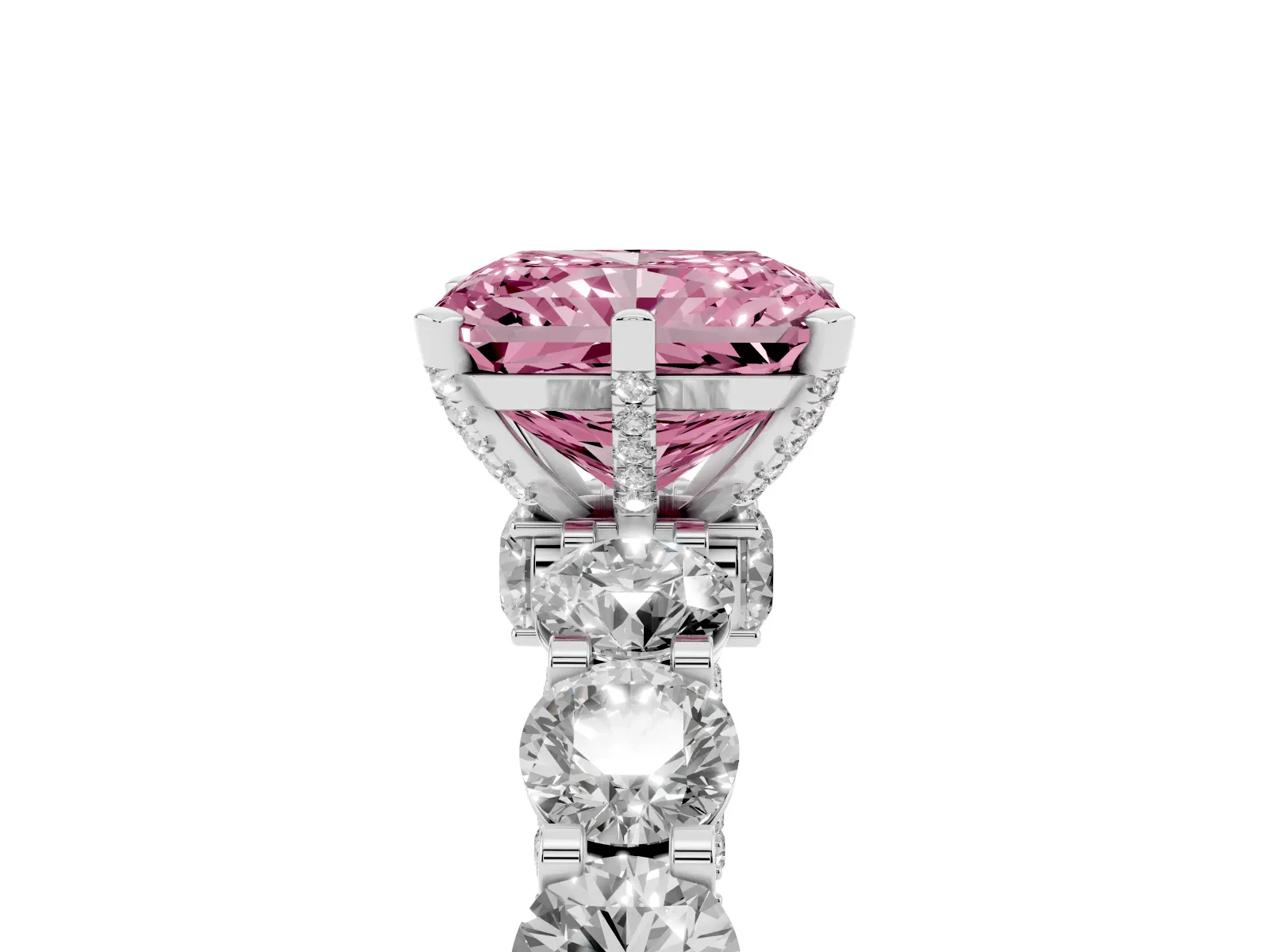Fancy Pink Radiant Cut Diamond Side Stone Engagement Ring with Four-Prong Setting Platinum