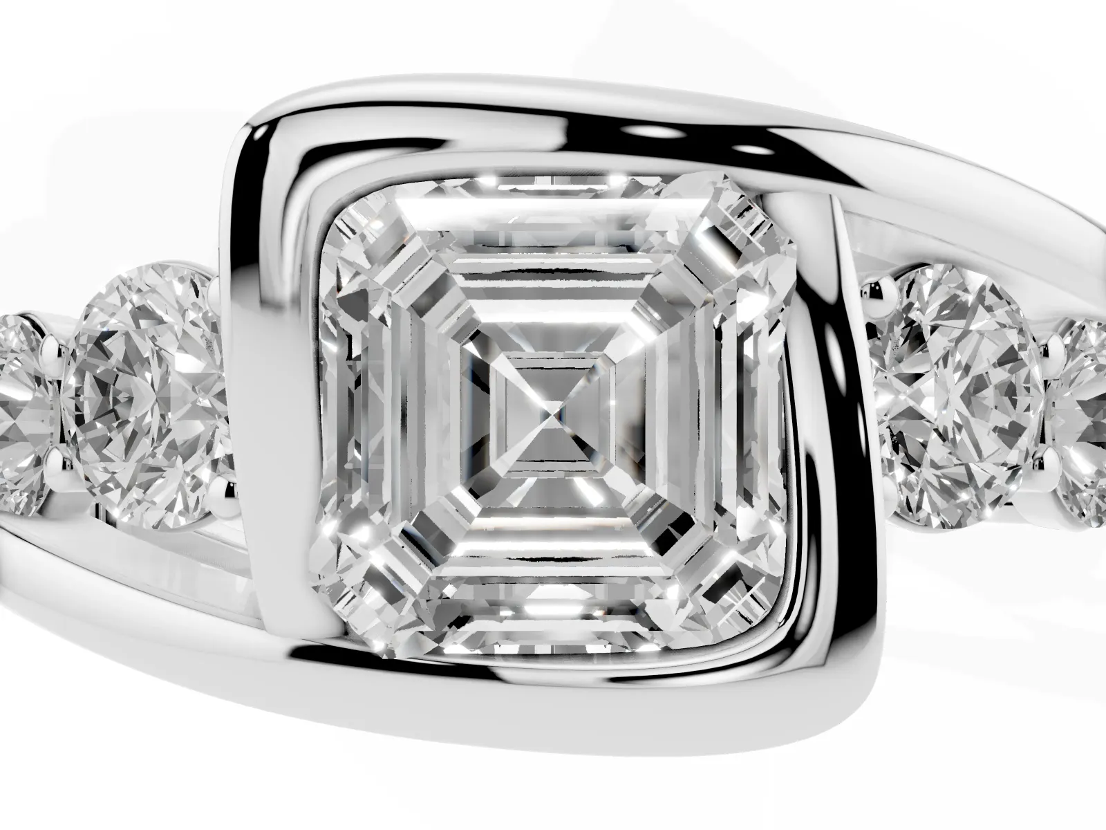 Bezel Set Asscher Cut Diamond Bypass Ring with Round Accents Platinum