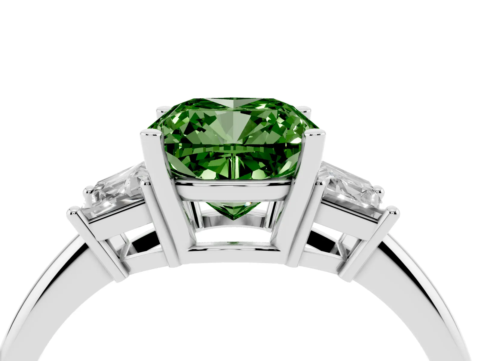 Fancy Green Cushion Cut Diamond Three-Stone Ring with Trapezoid Side Stones and Prong Setting Platinum