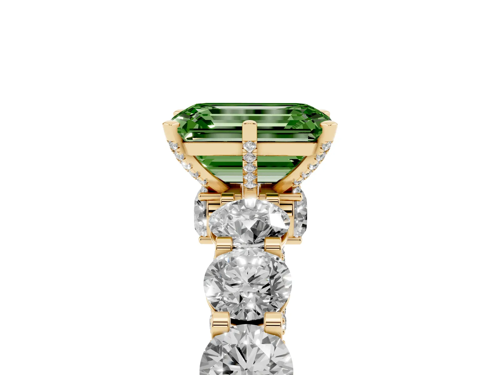 Fancy Green Emerald Cut Diamond Side Stone Engagement Ring with Four-Prong Setting Yellow gold