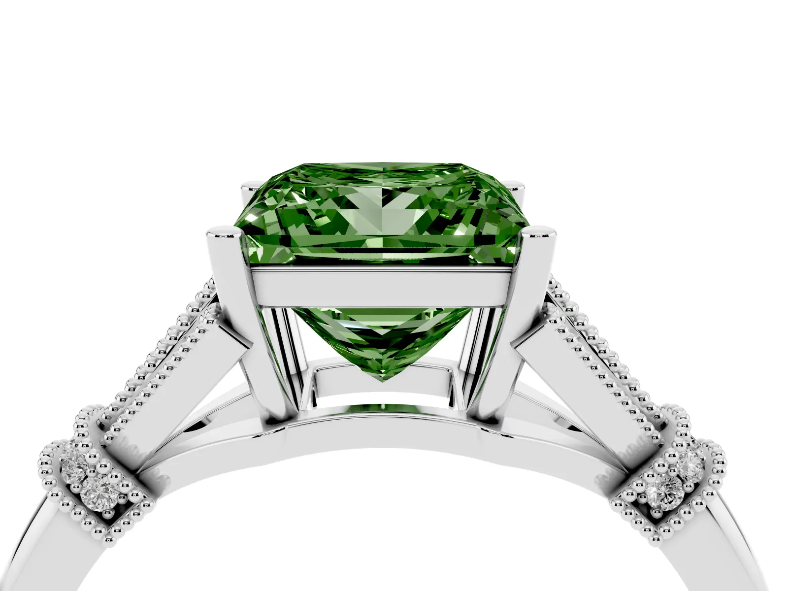 Fancy Green Princess Cut Diamond Solitaire Ring with Floral Filigree and Pave Accents Platinum