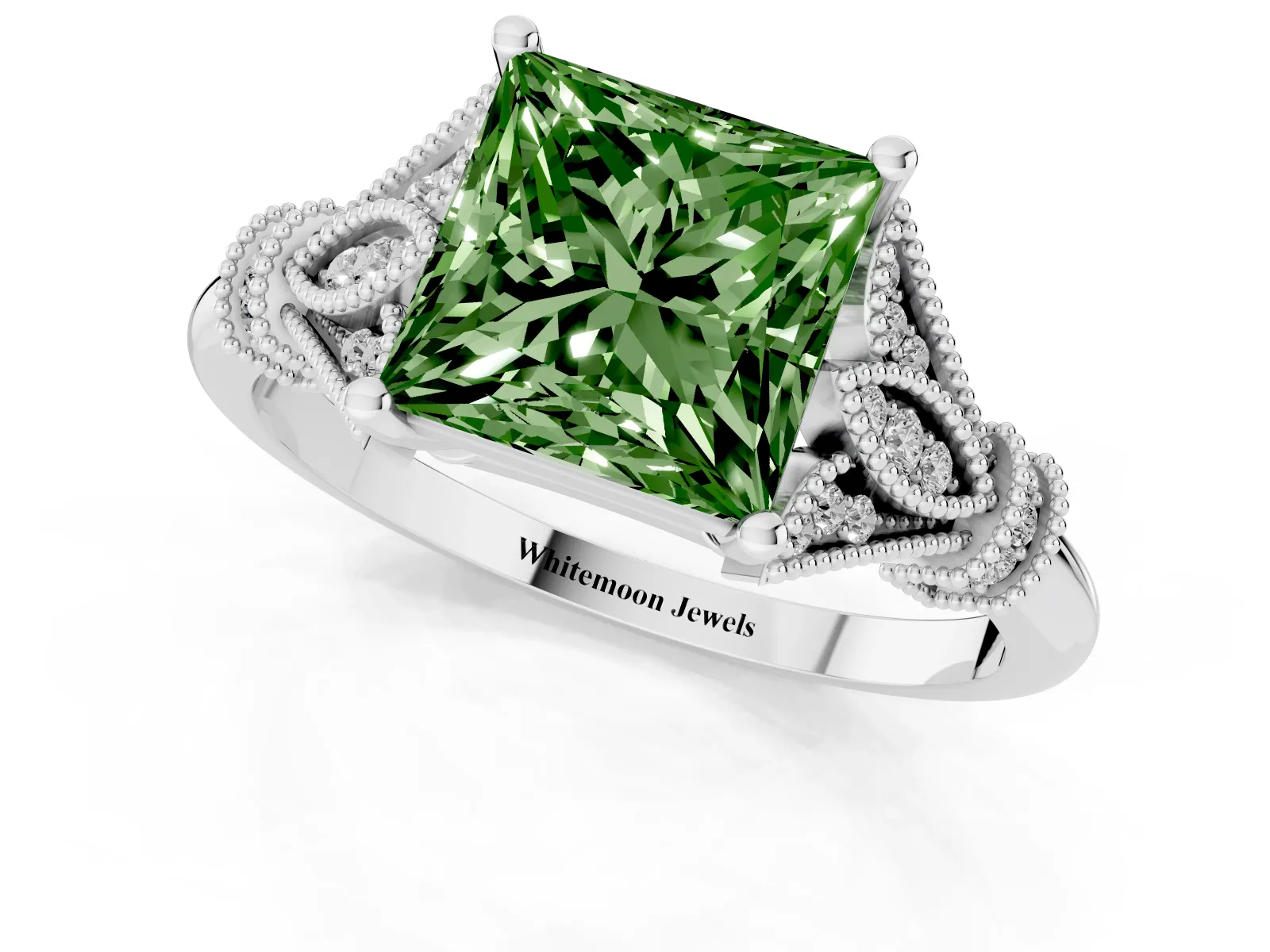 Fancy Green Princess Cut Diamond Solitaire Ring with Floral Filigree and Pave Accents Platinum