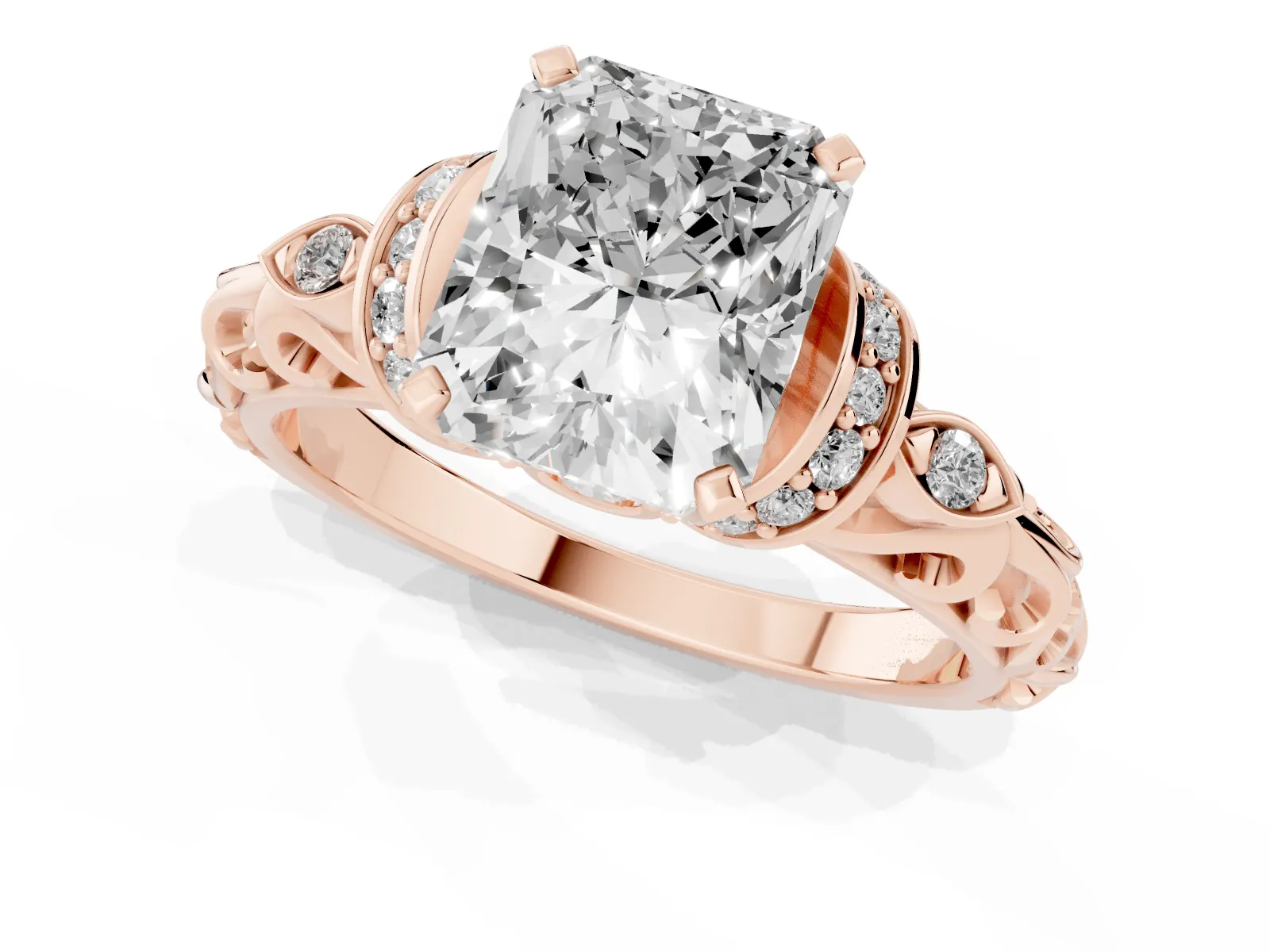 Radiant Cut Diamond Solitaire Ring with Filigree Band and Four-Prong Setting Rose gold