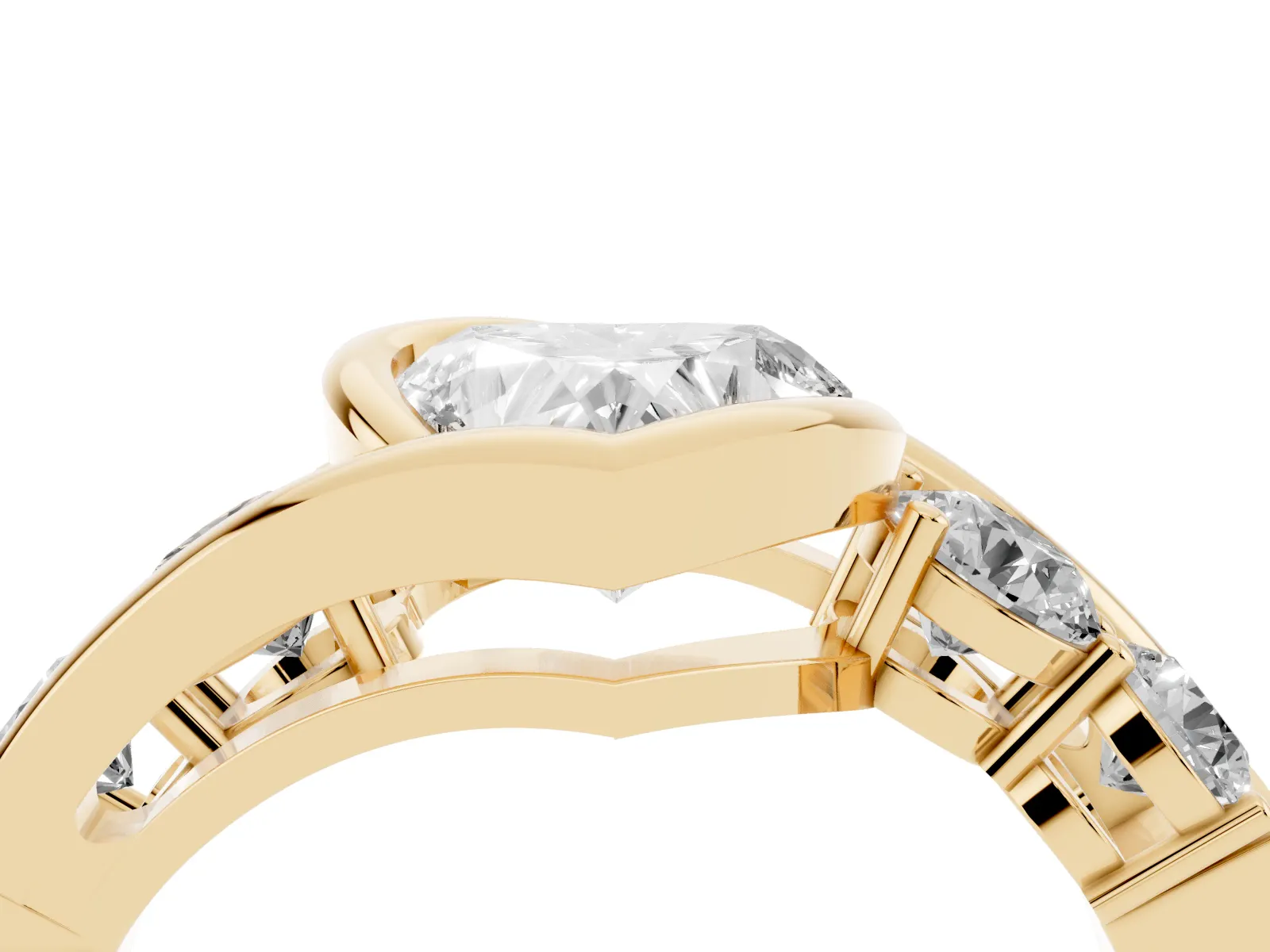 Bezel Set Heart Cut Diamond Bypass Ring with Round Accents Yellow gold