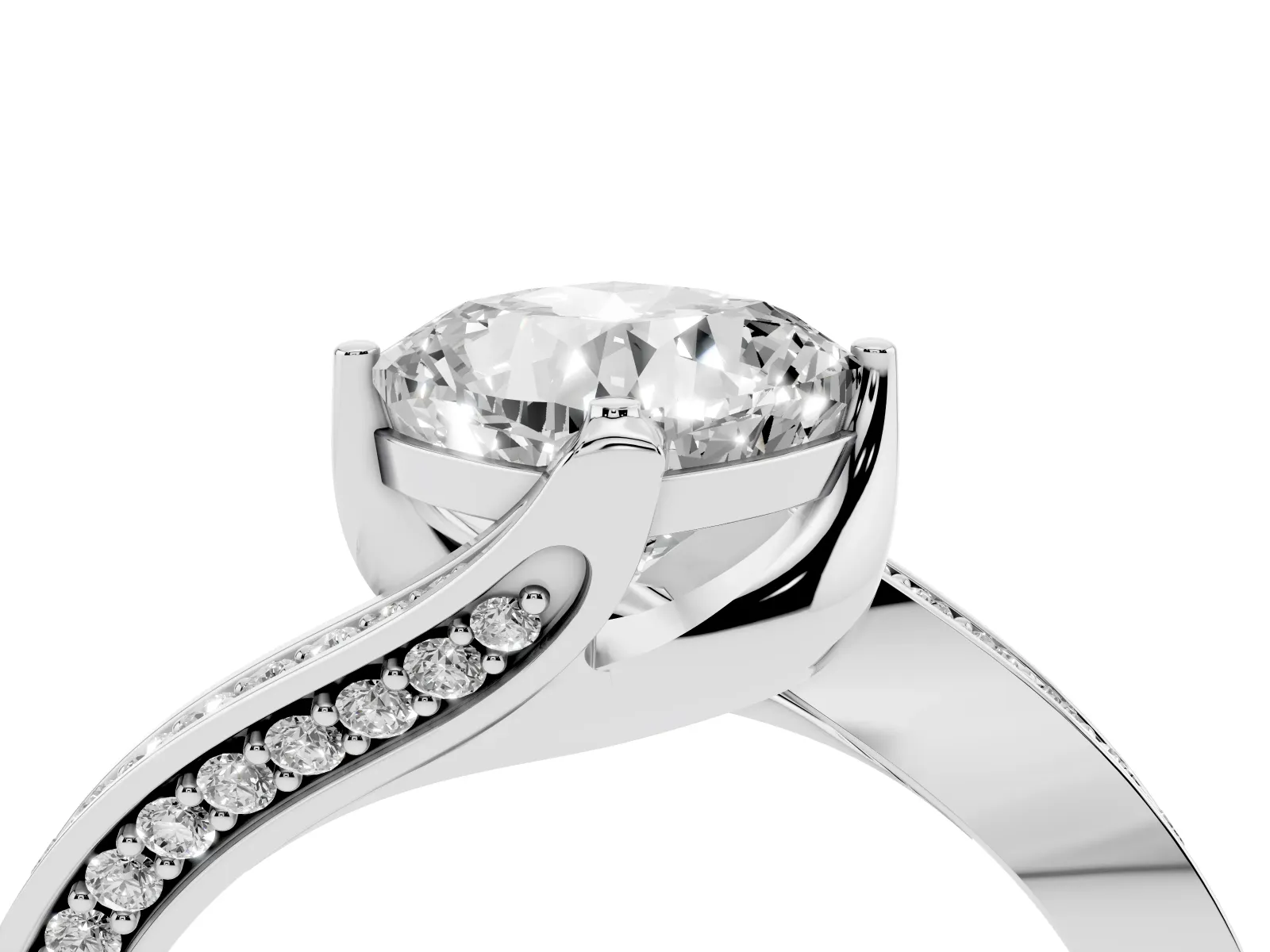 Cushion Cut Solitaire Diamond Twist Band with Pavé Setting and Four-Prong Setting Platinum