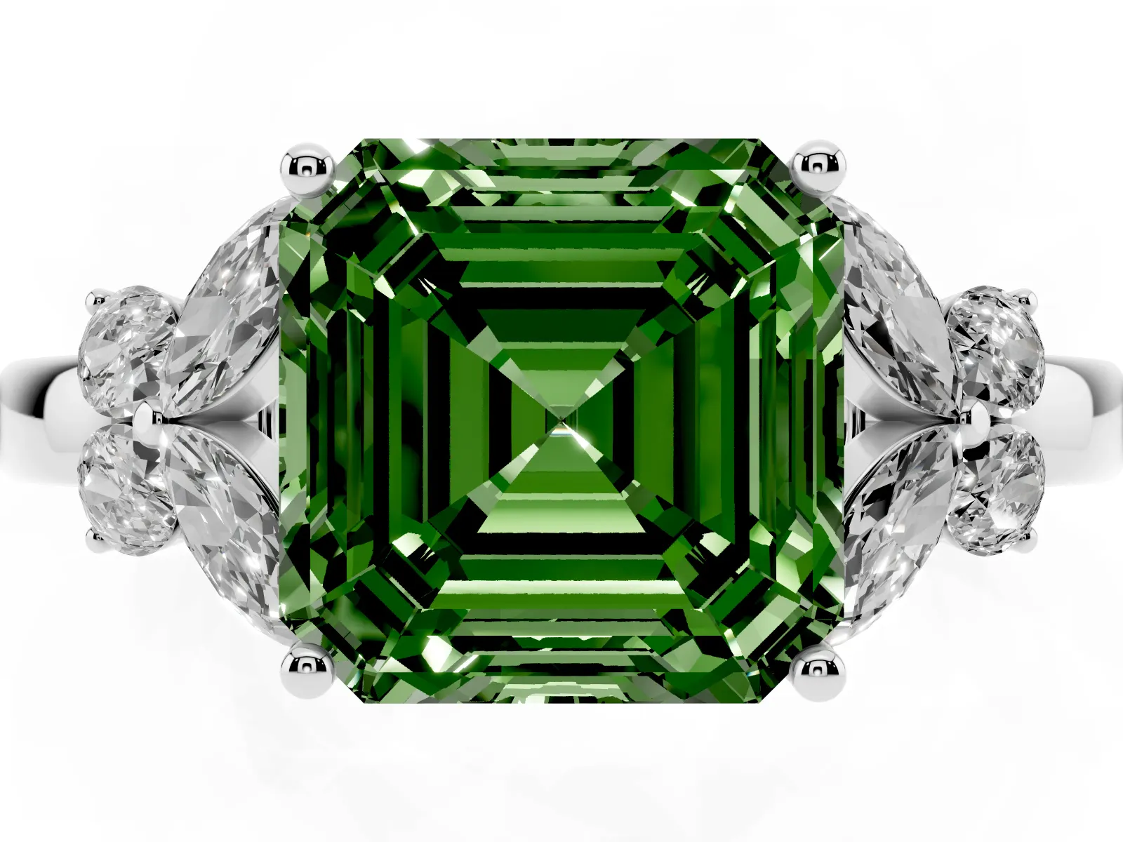 Fancy Green Asscher Cut Cut Solitaire Floral Diamond Ring with Four-Prong Setting Platinum