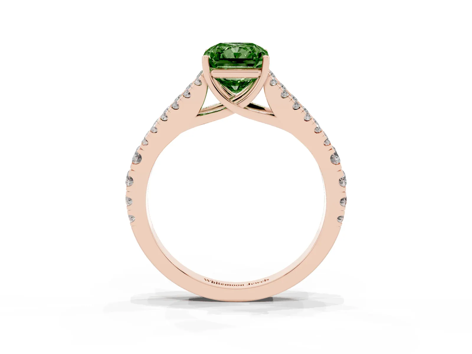 Fancy Green Radiant Cut Diamond Split Shank Engagement Ring with Round Pavé and Prong Setting Rose gold