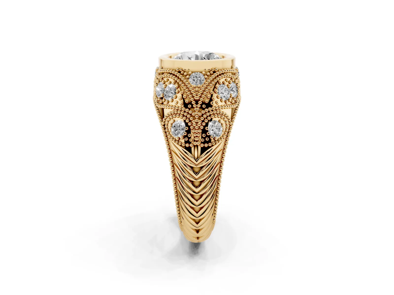 Bezel Set Round Cut Diamond Milgrain Band Ring Yellow gold