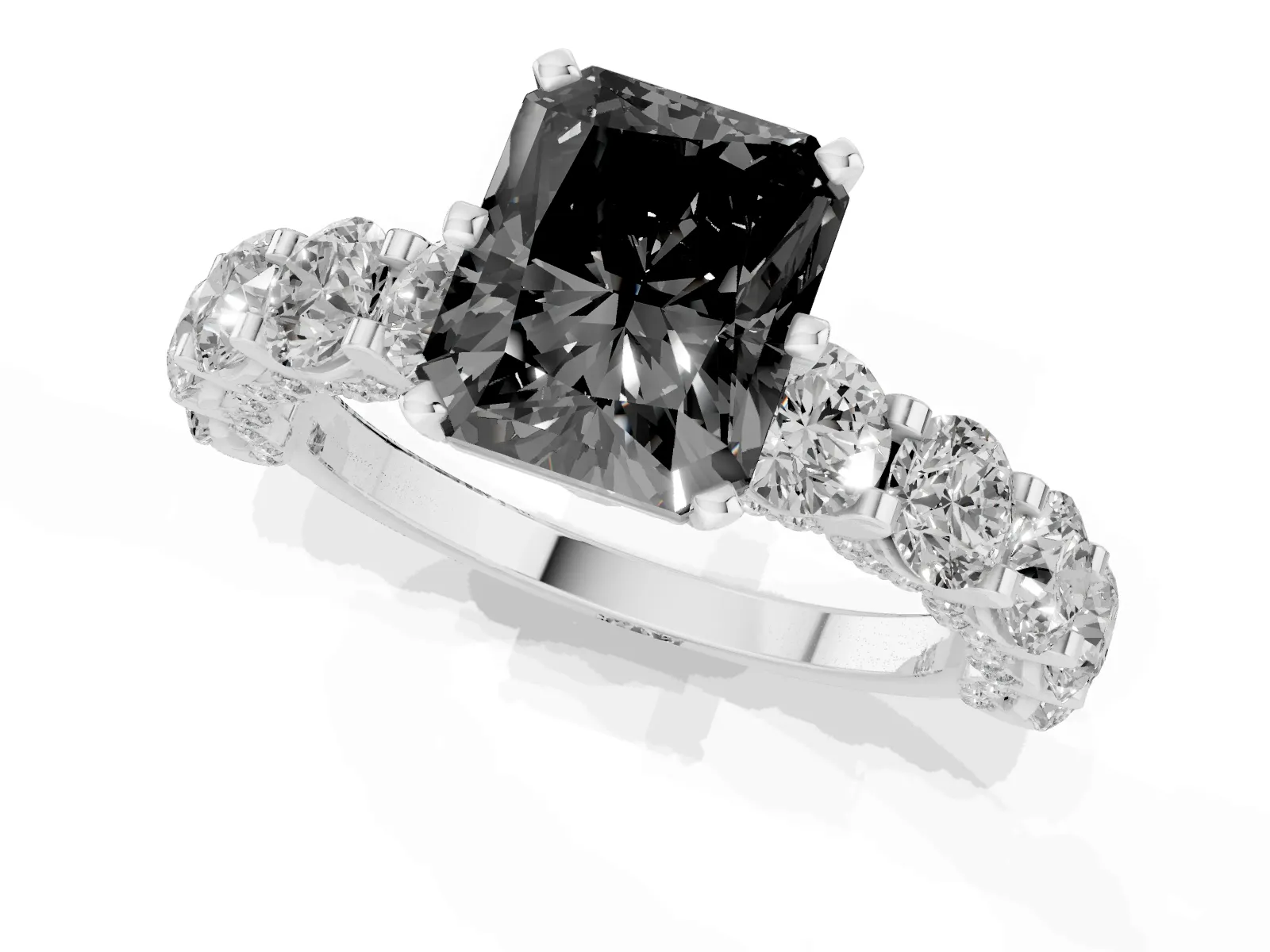 Fancy Black Radiant Cut Diamond Side Stone Engagement Ring with Four-Prong Setting Platinum