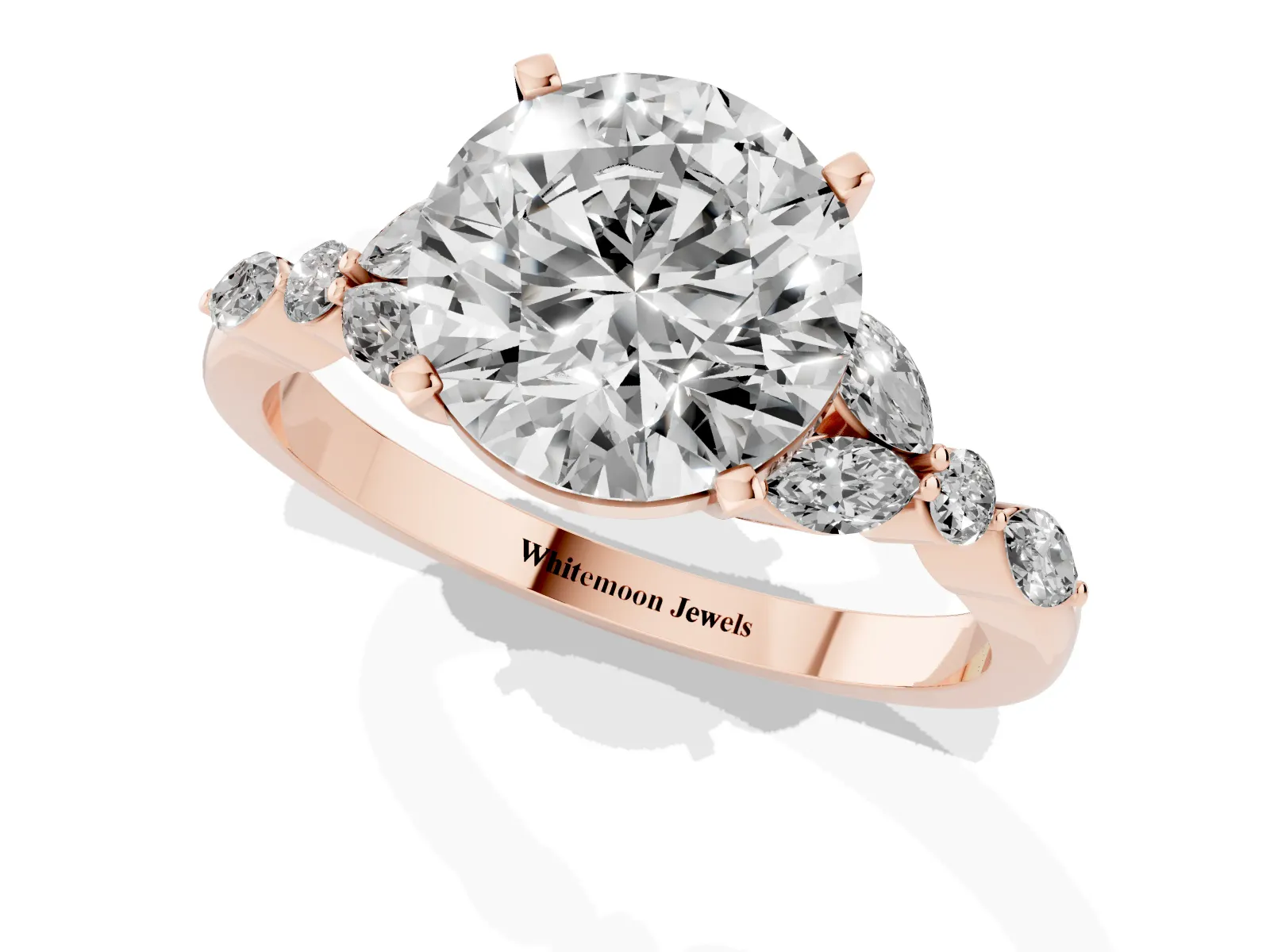 Round Cut Diamond Solitaire Ring with Side Stones and Four-Prong Setting Rose gold