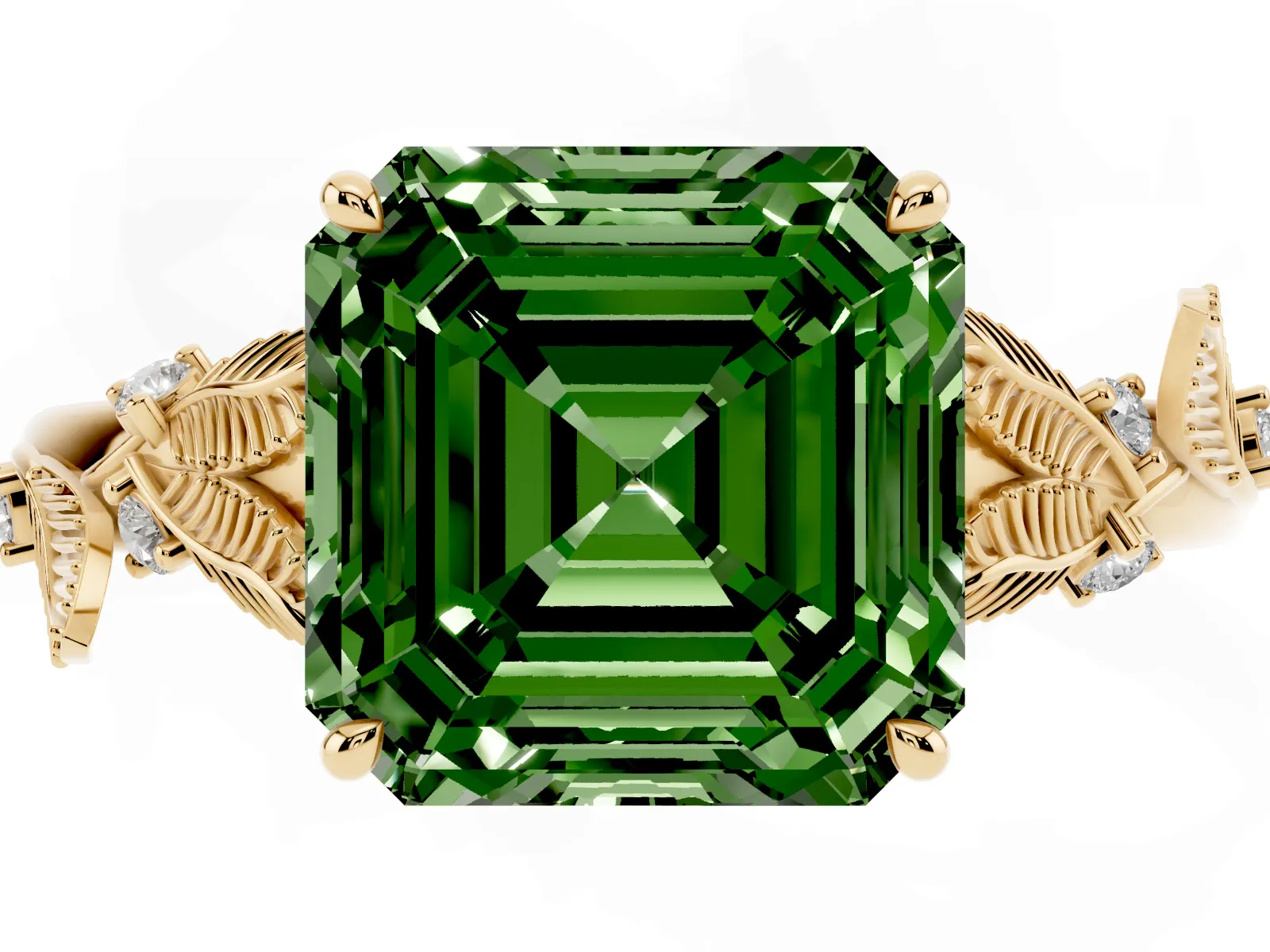 Fancy Green Asscher Cut Diamond Solitaire Ring with Leaf Motif Band and Four-Prong Setting Yellow gold