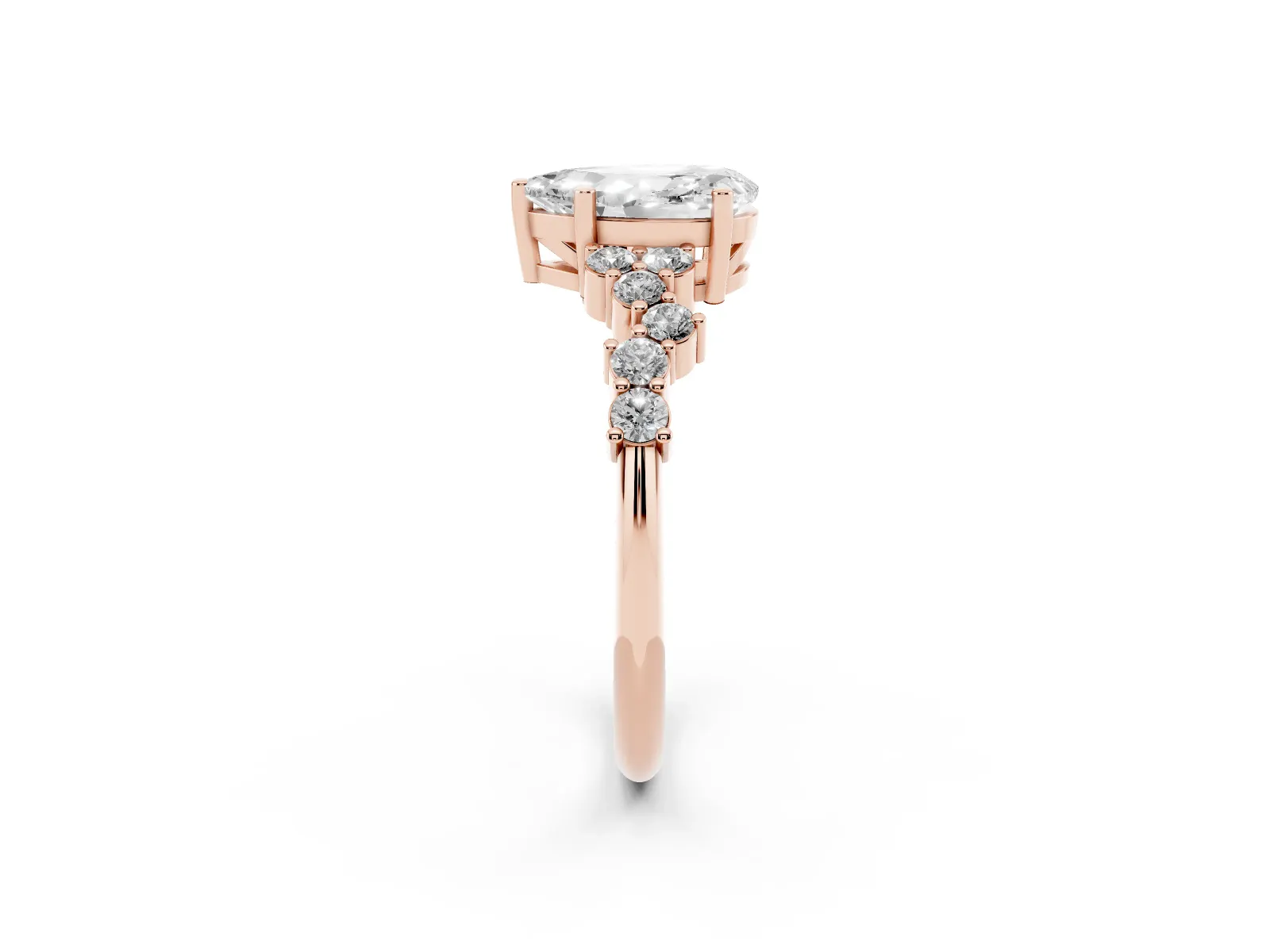 Pear Cut Diamond Scattered Round Accent Ring with Prong Setting Rose gold