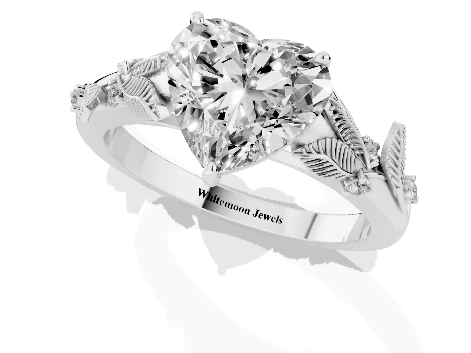 Heart Cut Diamond Solitaire Ring with Leaf Motif Band and Four-Prong Setting Platinum