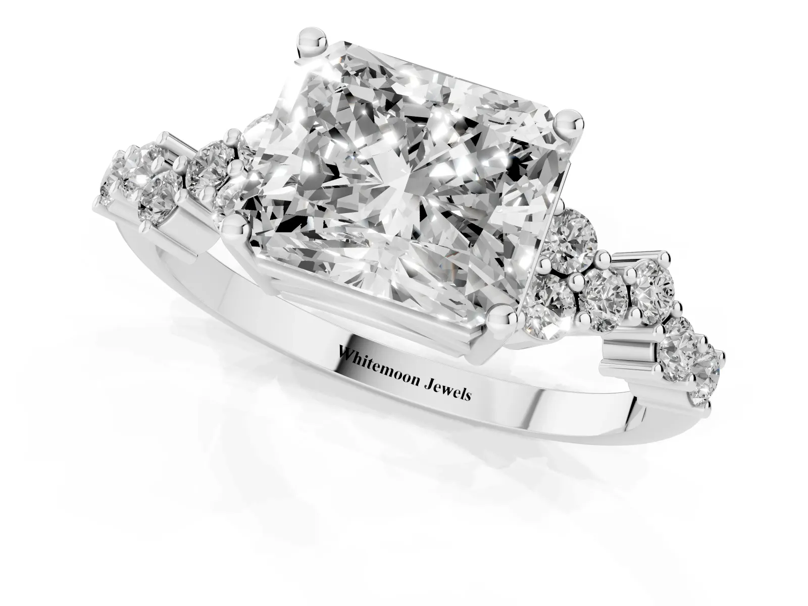Radiant Cut Diamond Scattered Round Accent Ring with Prong Setting Silver