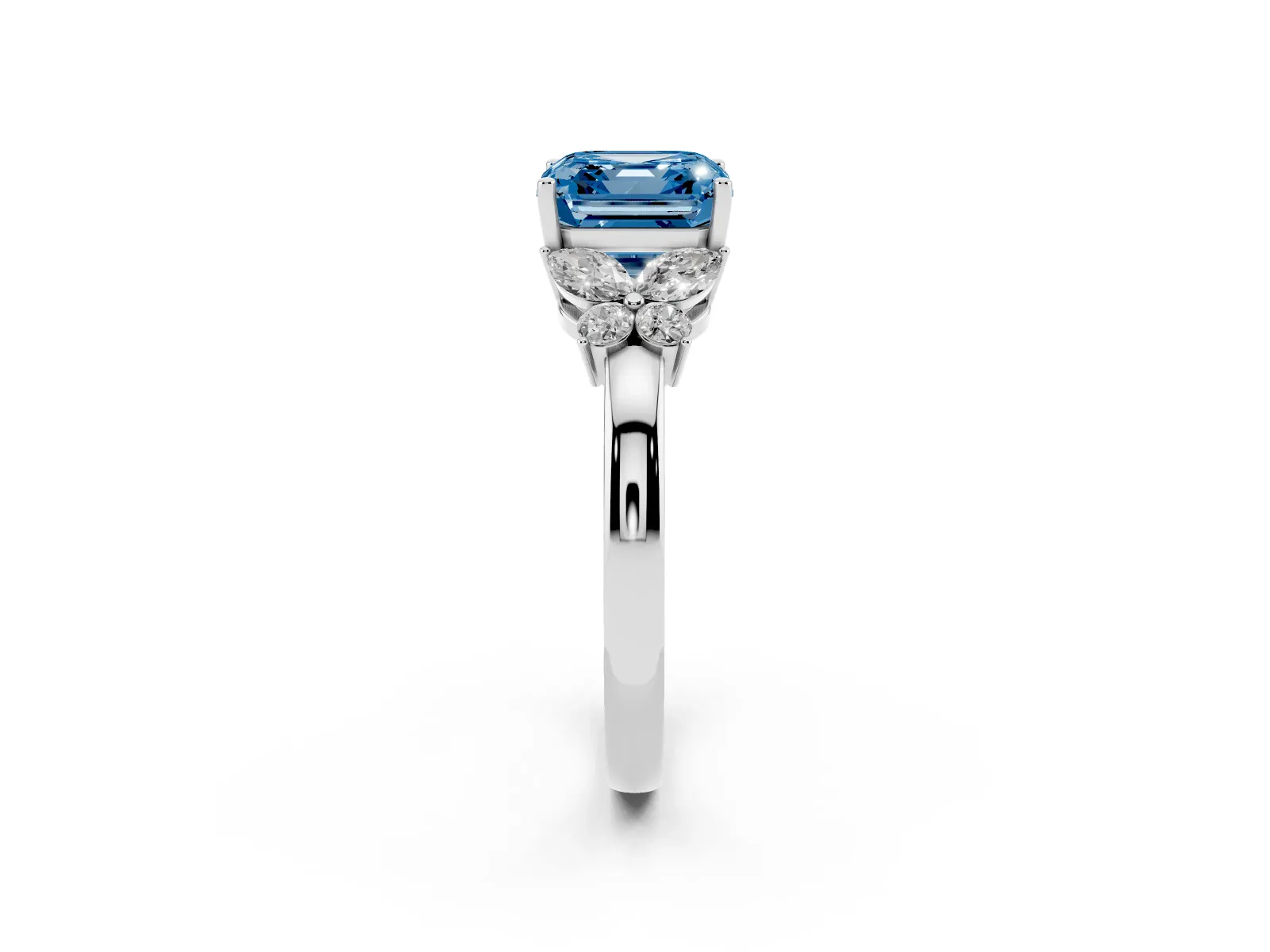 Fancy Blue Asscher Cut Cut Solitaire Floral Diamond Ring with Four-Prong Setting Platinum