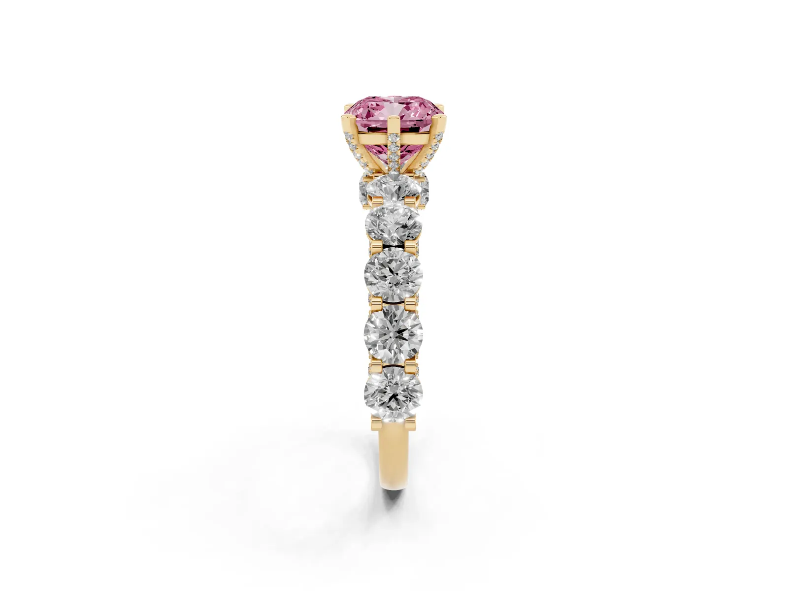 Fancy Pink Cushion Cut Diamond Side Stone Engagement Ring with Four-Prong Setting Yellow gold