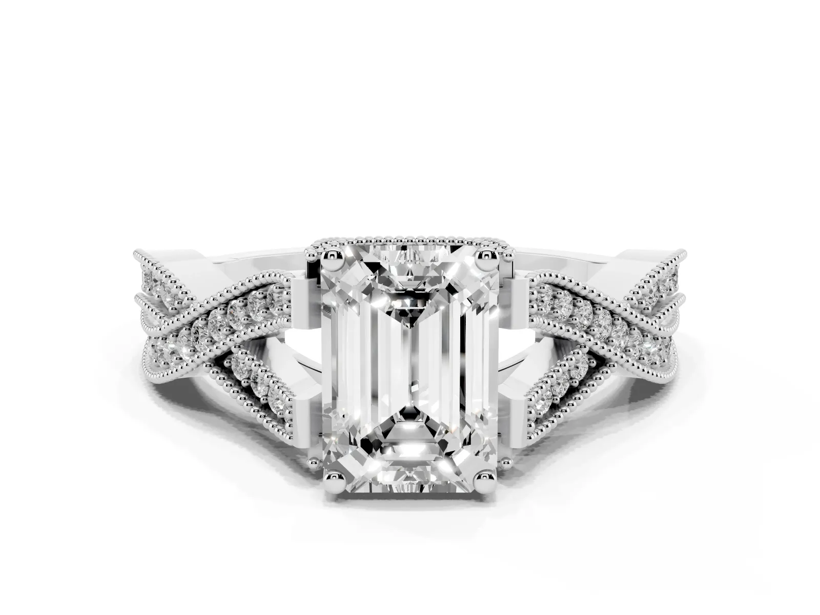 Emerald Cut Cut Diamond Twisted Band with Milgrain Pave Setting and Four-Prong Setting Platinum