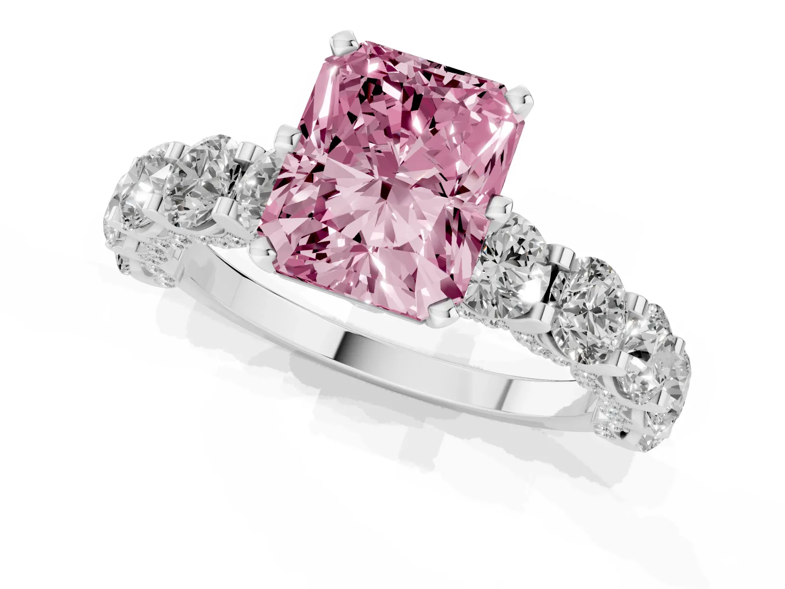 Fancy Pink Radiant Cut Diamond Side Stone Engagement Ring with Four-Prong Setting Platinum