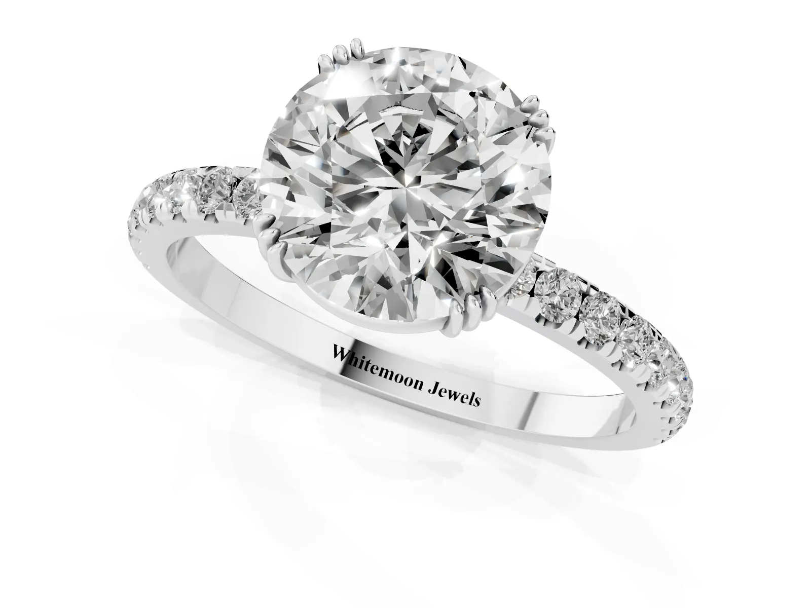 Round Cut Brilliant Solitaire with Pavé Band and Claw Prong Setting Platinum