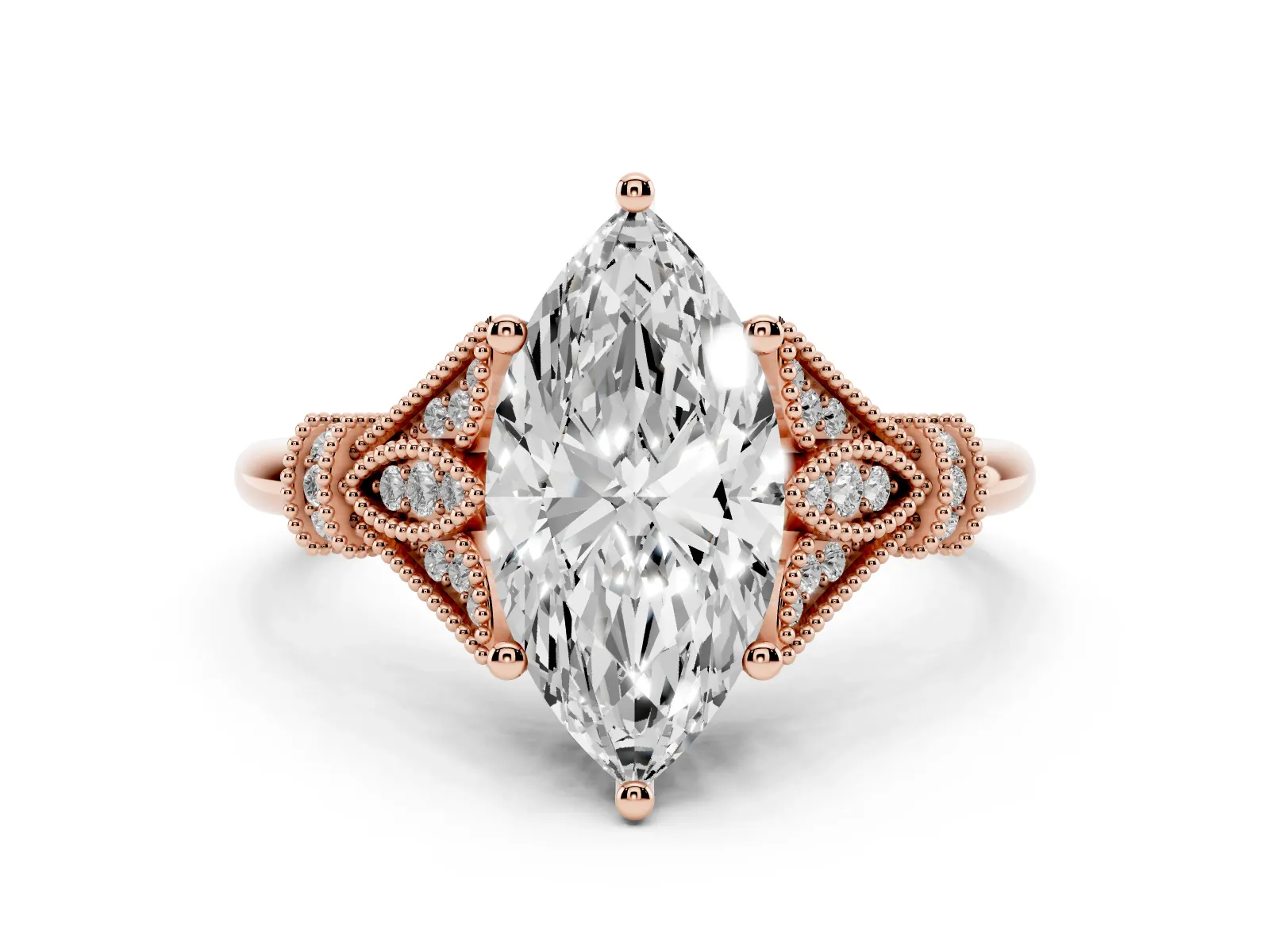 Marquise Cut Diamond Solitaire Ring with Floral Filigree and Pave Accents Rose gold